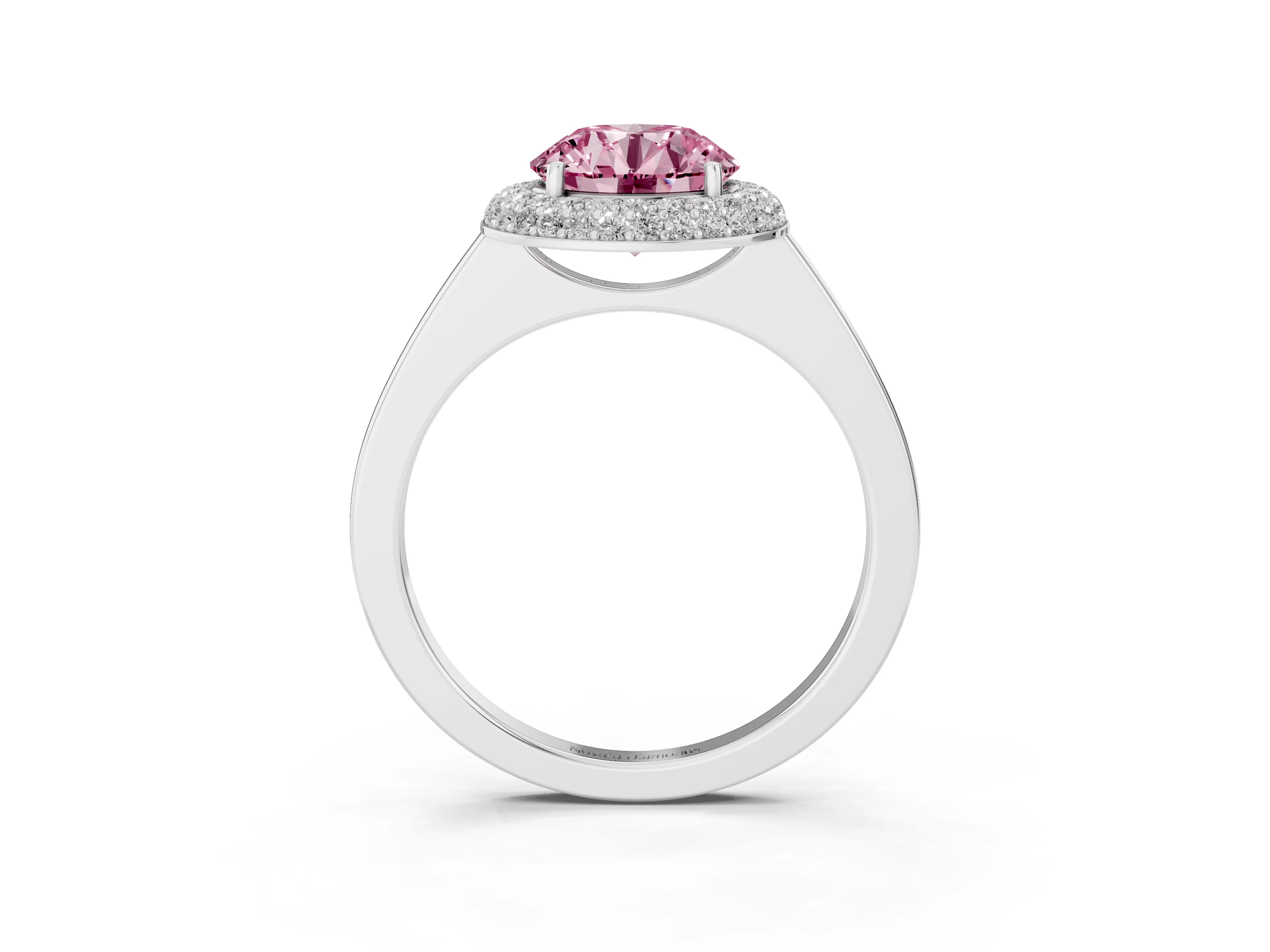 Fancy Pink Round Cut Diamond Halo Engagement Ring Set in White gold with Solitaire Band and Prong Setting