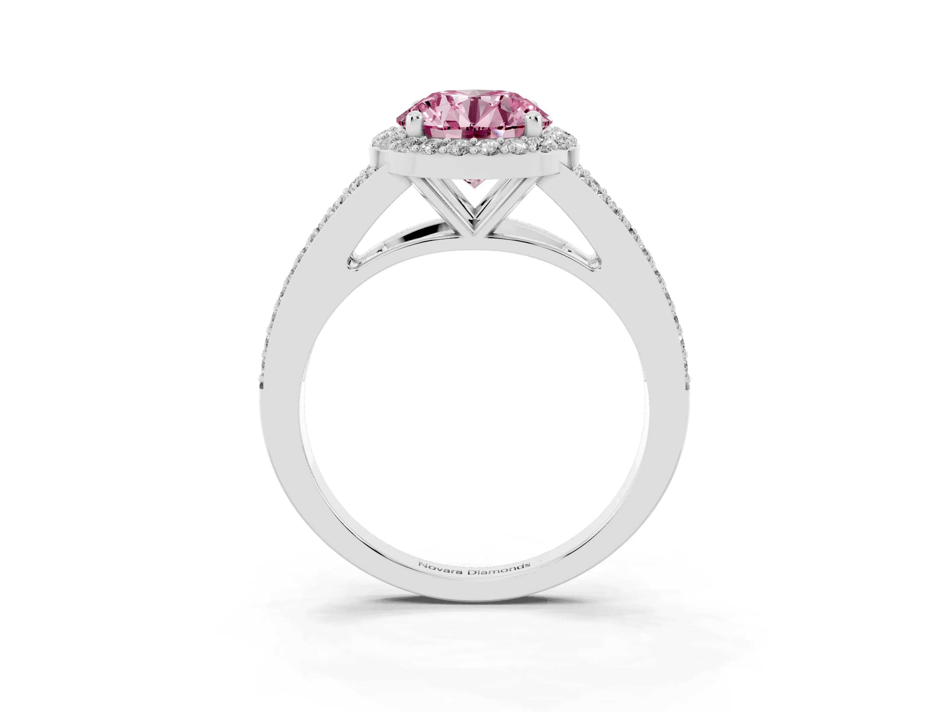 Fancy Pink Round Cut Diamond Halo Split Shank Pavé Ring Set in Platinum with Prong Setting