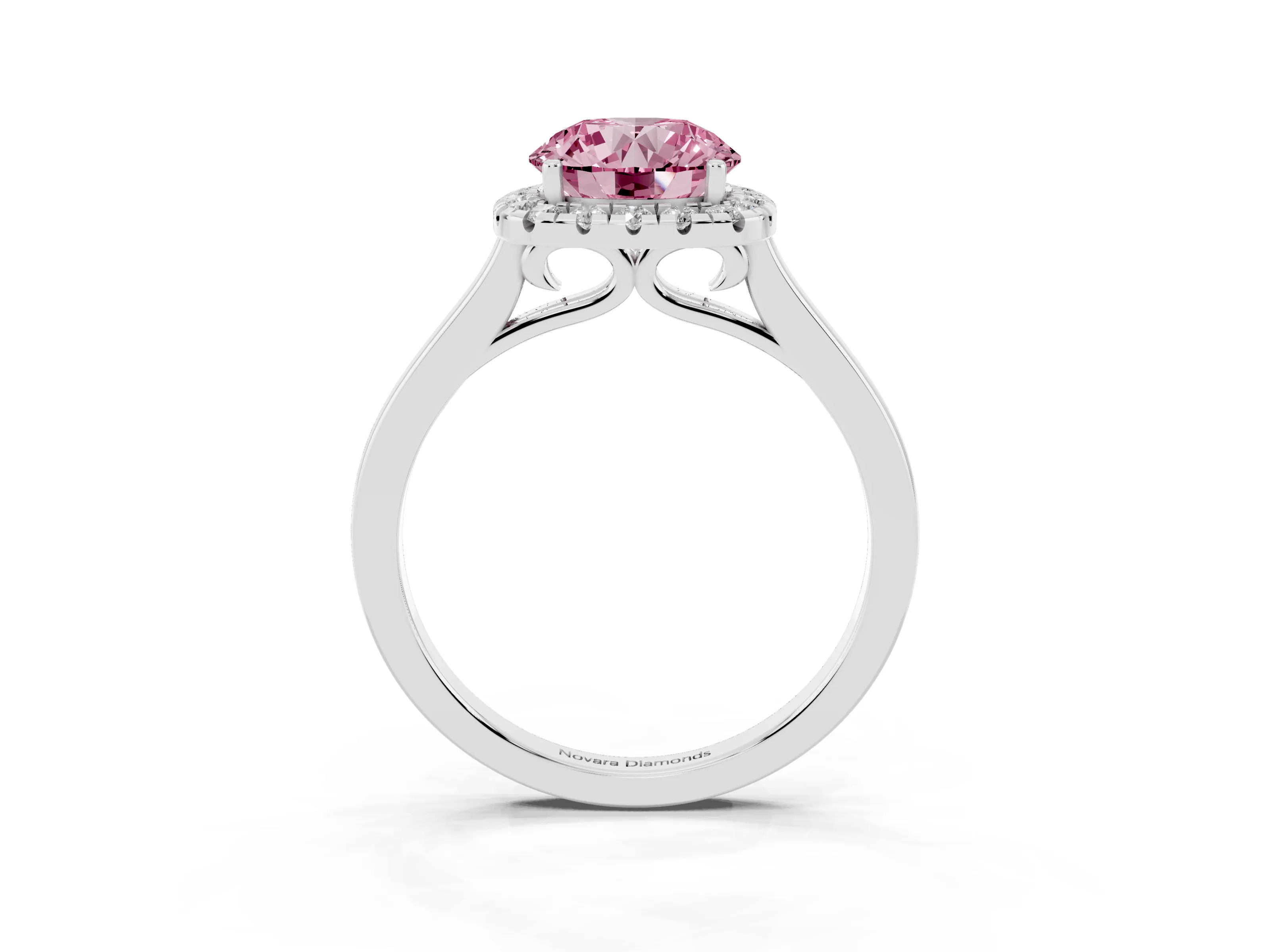 Fancy Pink Round Cut Halo Round Diamond Solitaire Ring Set in Silver with Pavé Band and Prong Setting