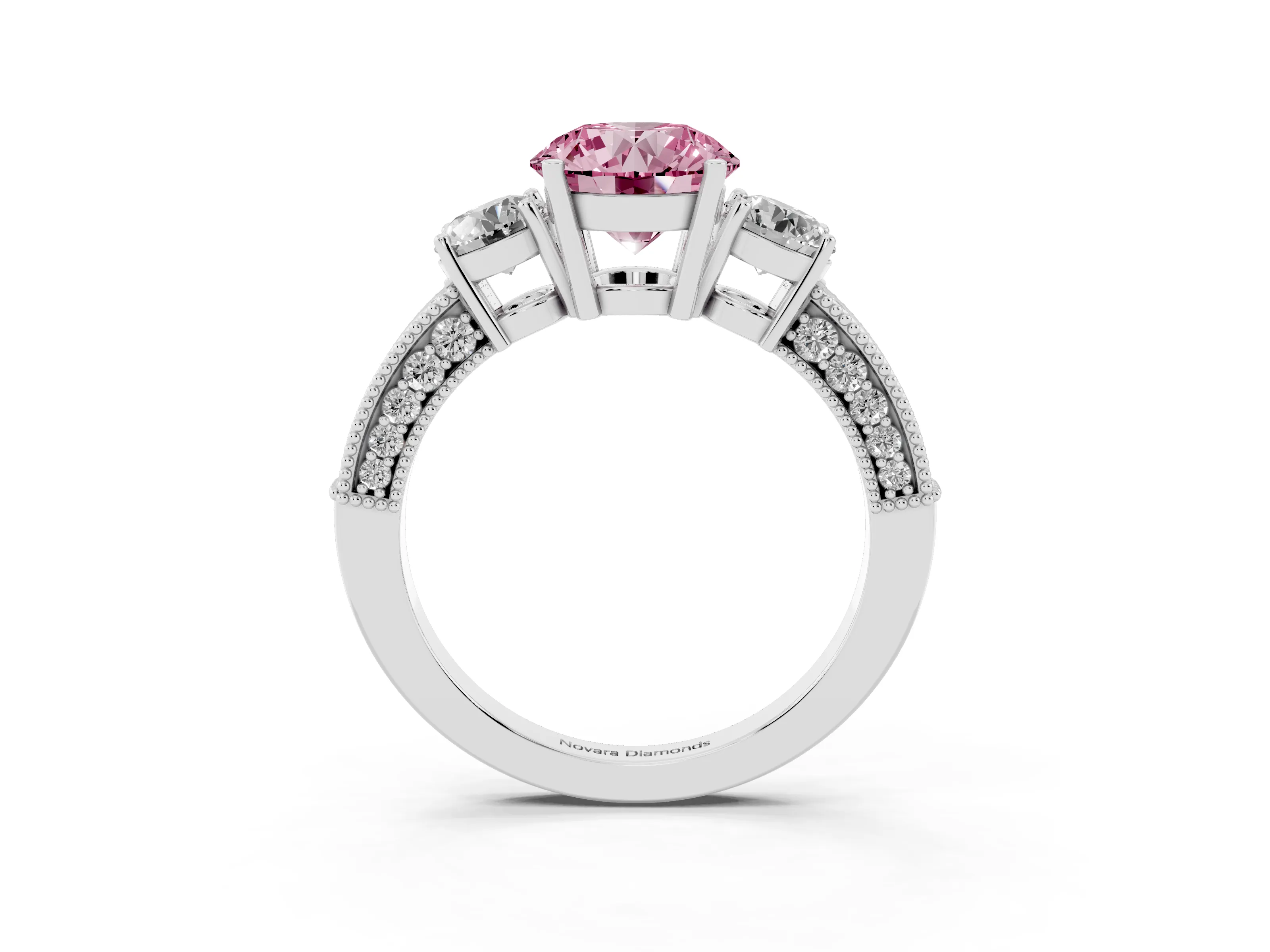 Fancy Pink Round Cut Diamond Three-Stone Ring Set in White gold with Round Side Stones and Pavé Band