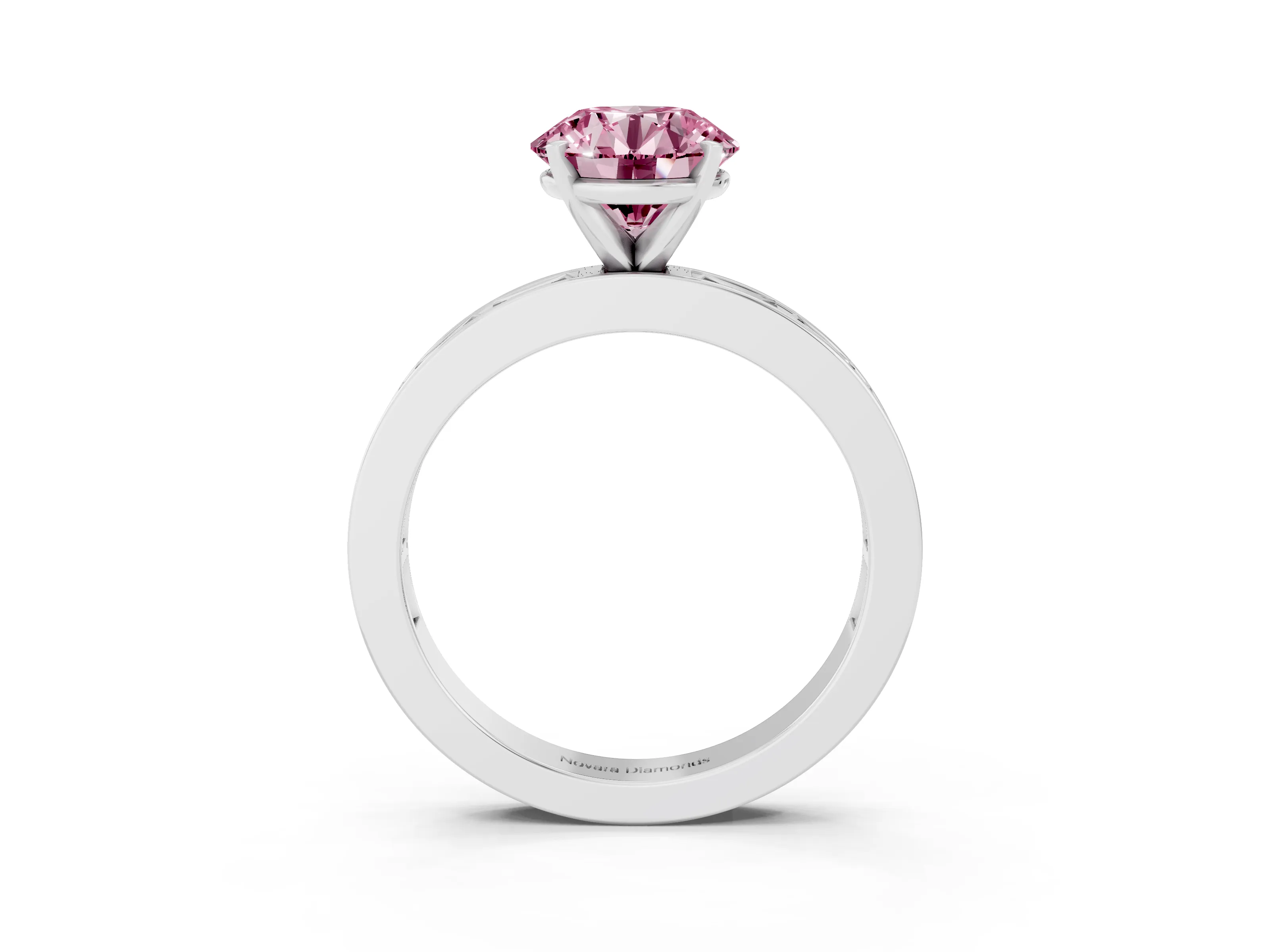 Fancy Pink Round Cut Diamond Solitaire Ring Set in Silver with Channel-Set Baguette Band and Prong Setting