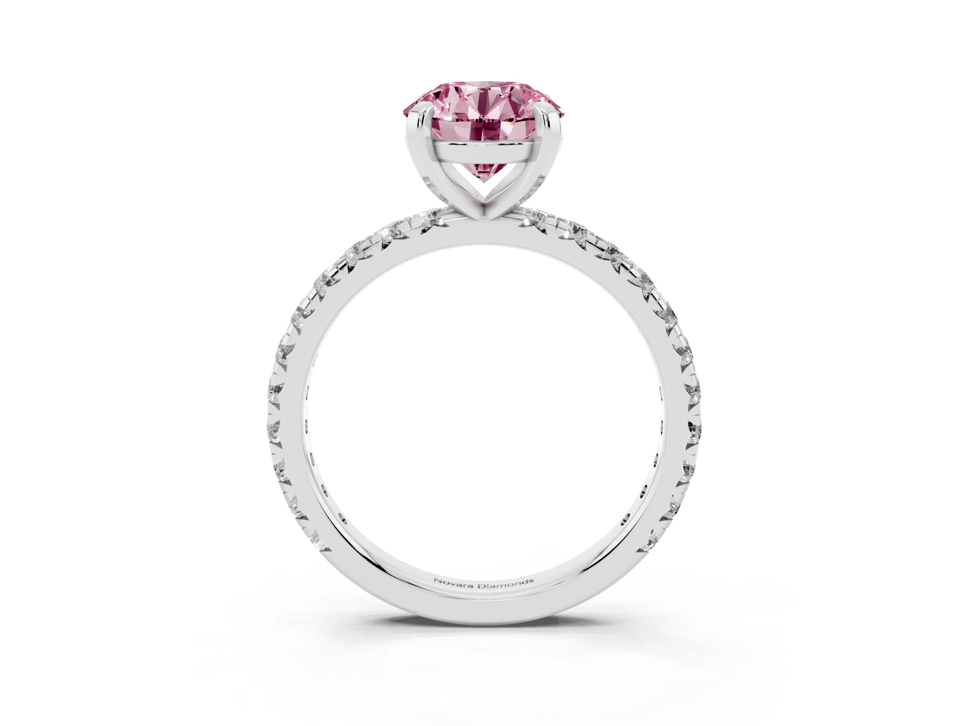 Fancy Pink Round Cut Diamond Pavé Solitaire Ring Set in Platinum with Round Band and Prong Setting