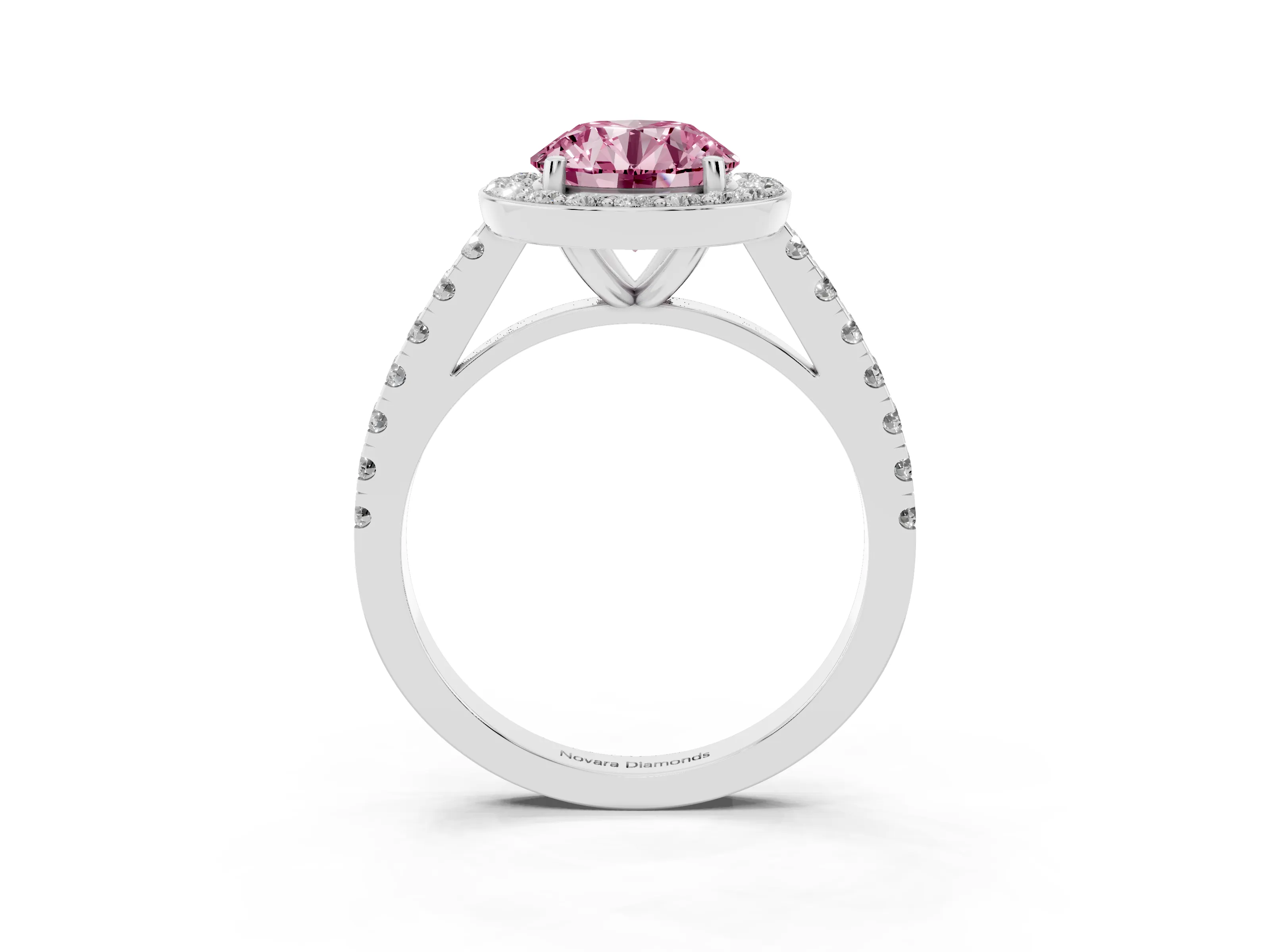 Fancy Pink Round Cut Diamond Halo Ring Set in Silver with Round Pavé Split Shank and Prong Setting