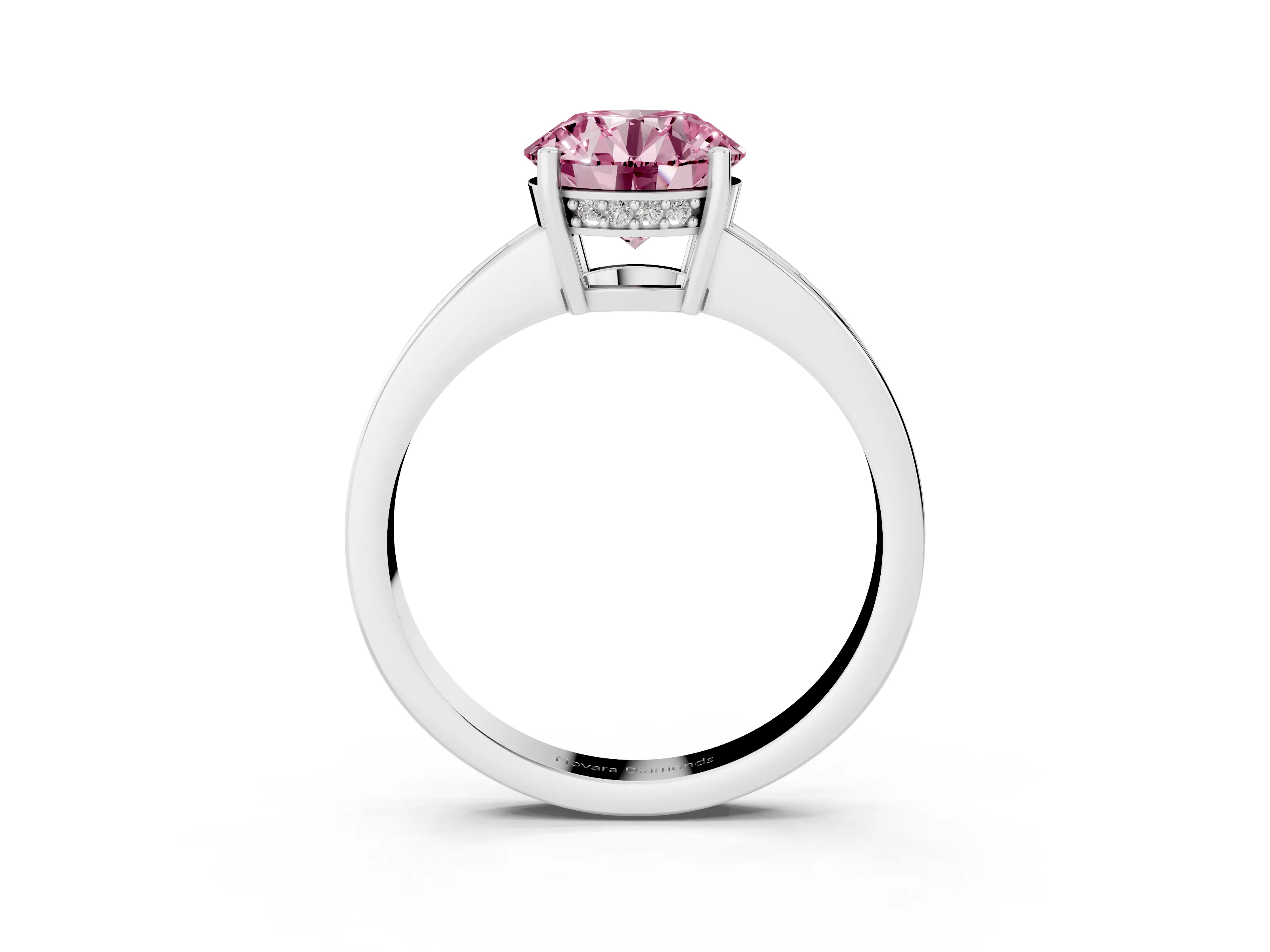 Fancy Pink Round Cut Diamond Pavé Band Prong Set Solitaire Ring Set in Silver