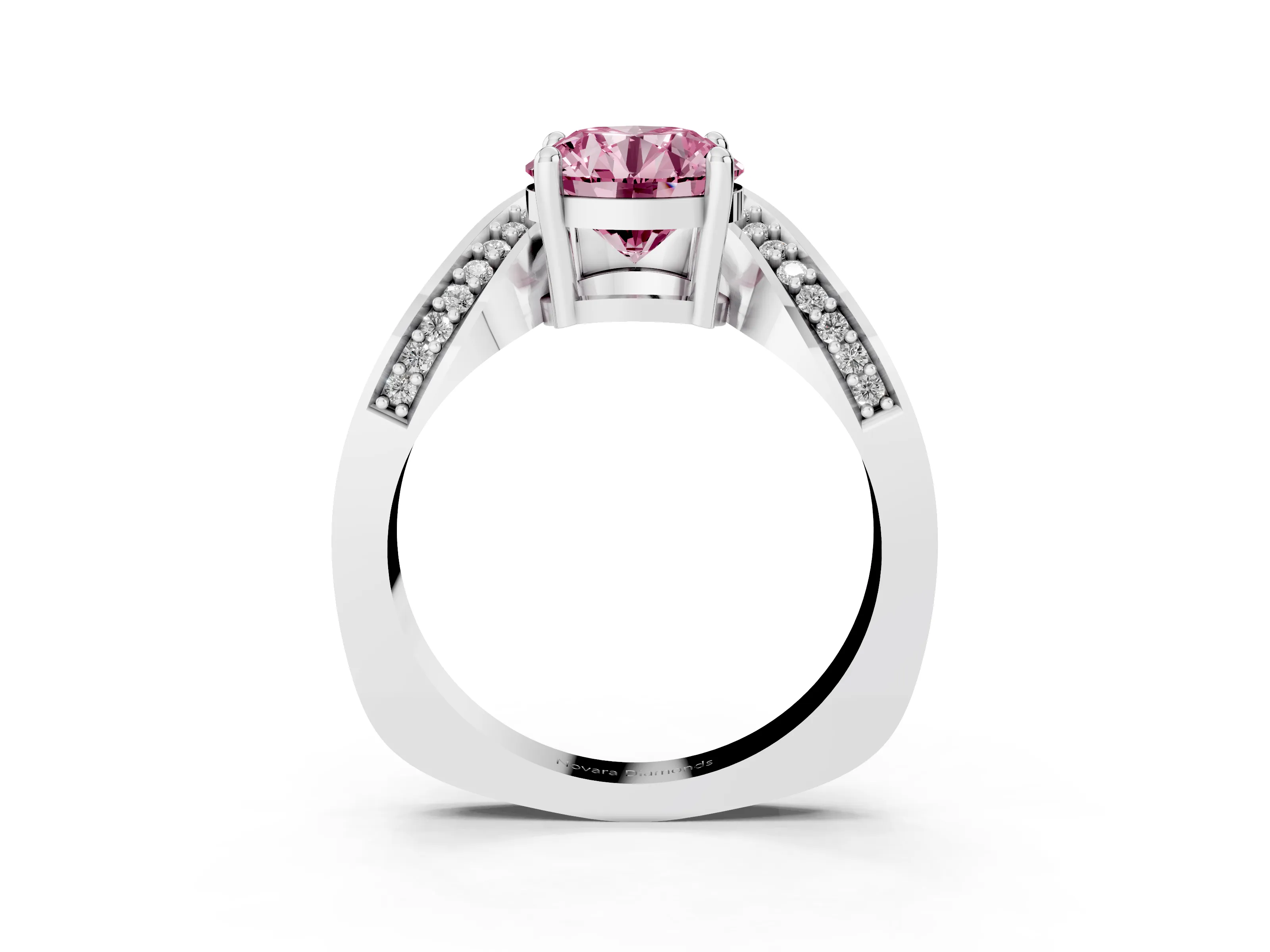 Fancy Pink Round Cut Diamond Solitaire Engagement Ring Set in White gold with Pavé Shoulders