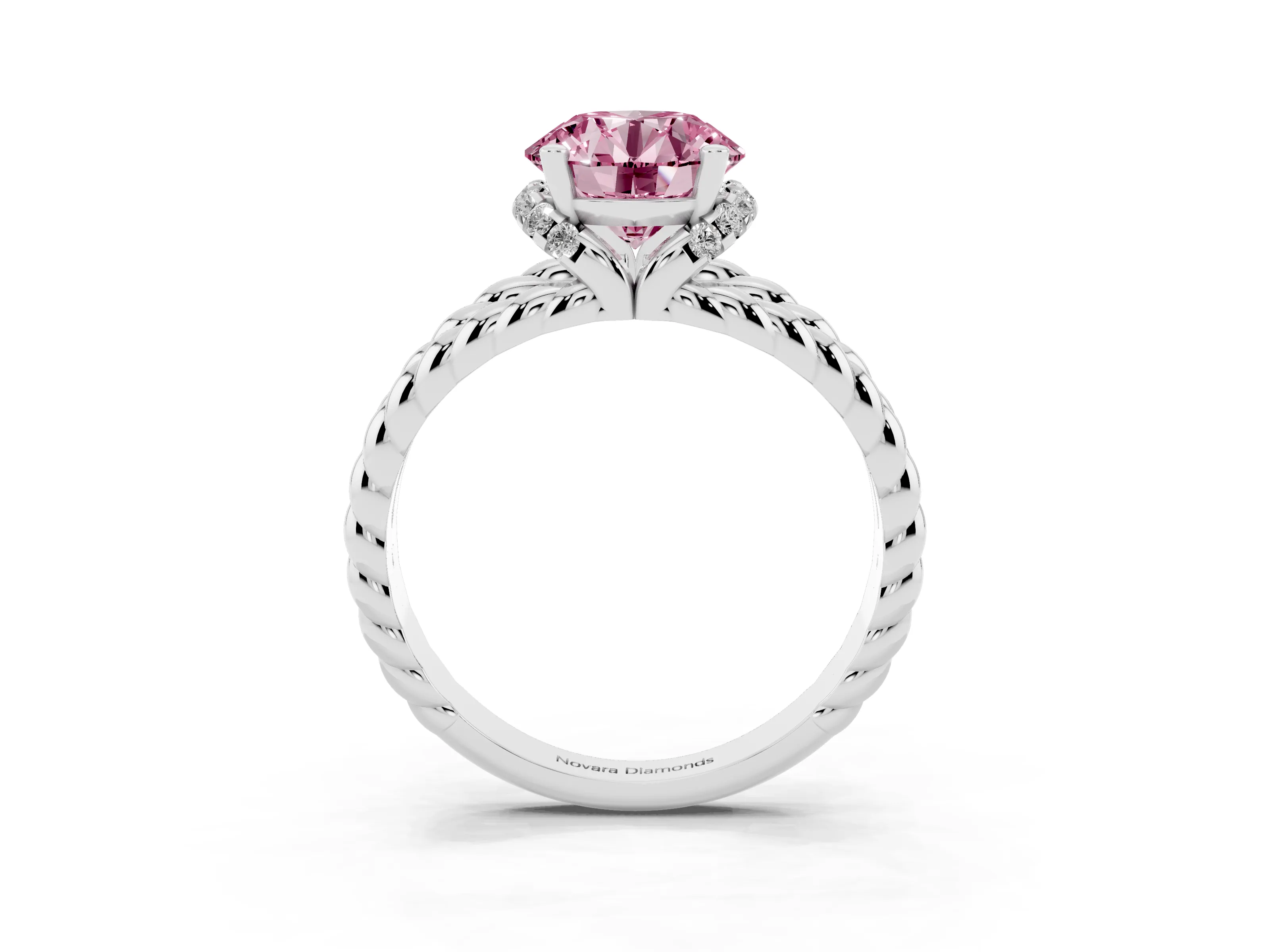 Fancy Pink Round Cut Diamond Halo Ring Set in White gold with Twisted Band and Prong Setting