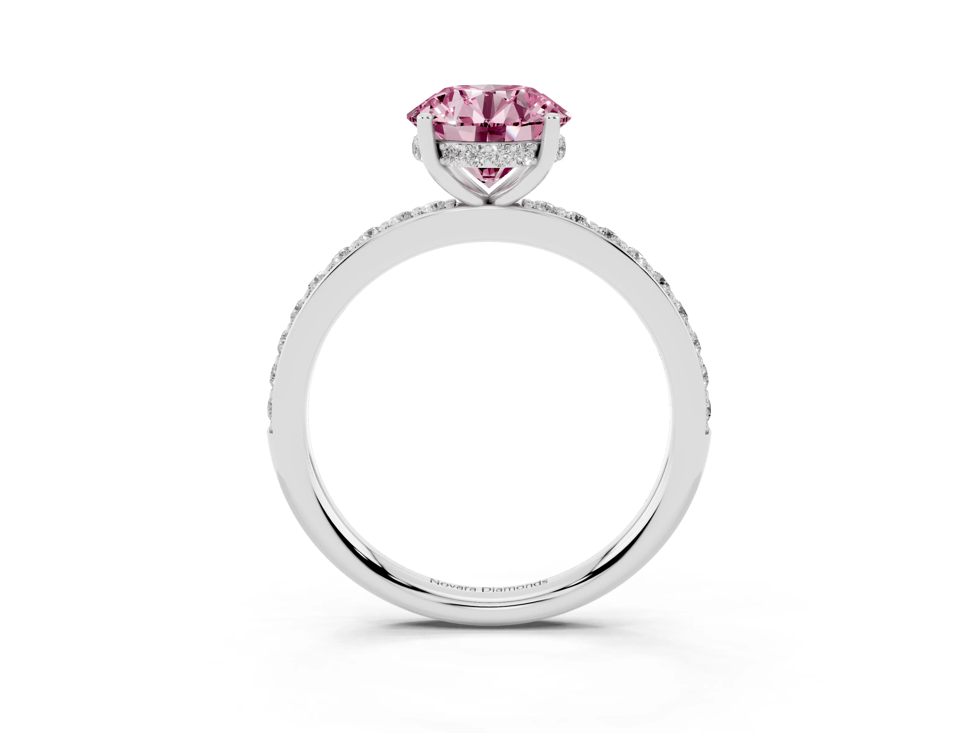 Fancy Pink Round Cut Diamond Pavé Band Ring Set in White gold with Prong-Set Center Stone
