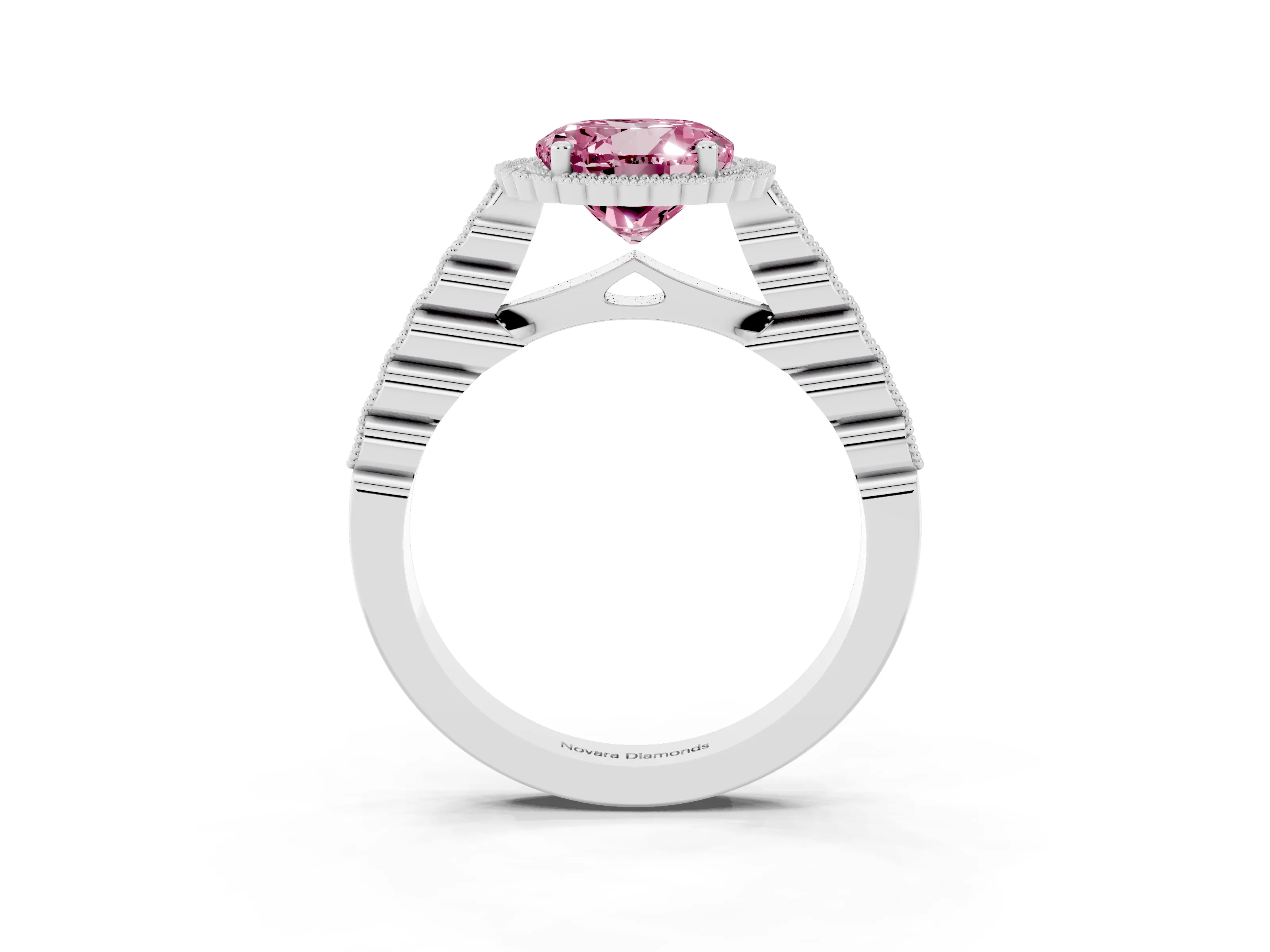 Fancy Pink Round Cut Diamond Halo Ring Set in Silver with Pavé Milgrain Band