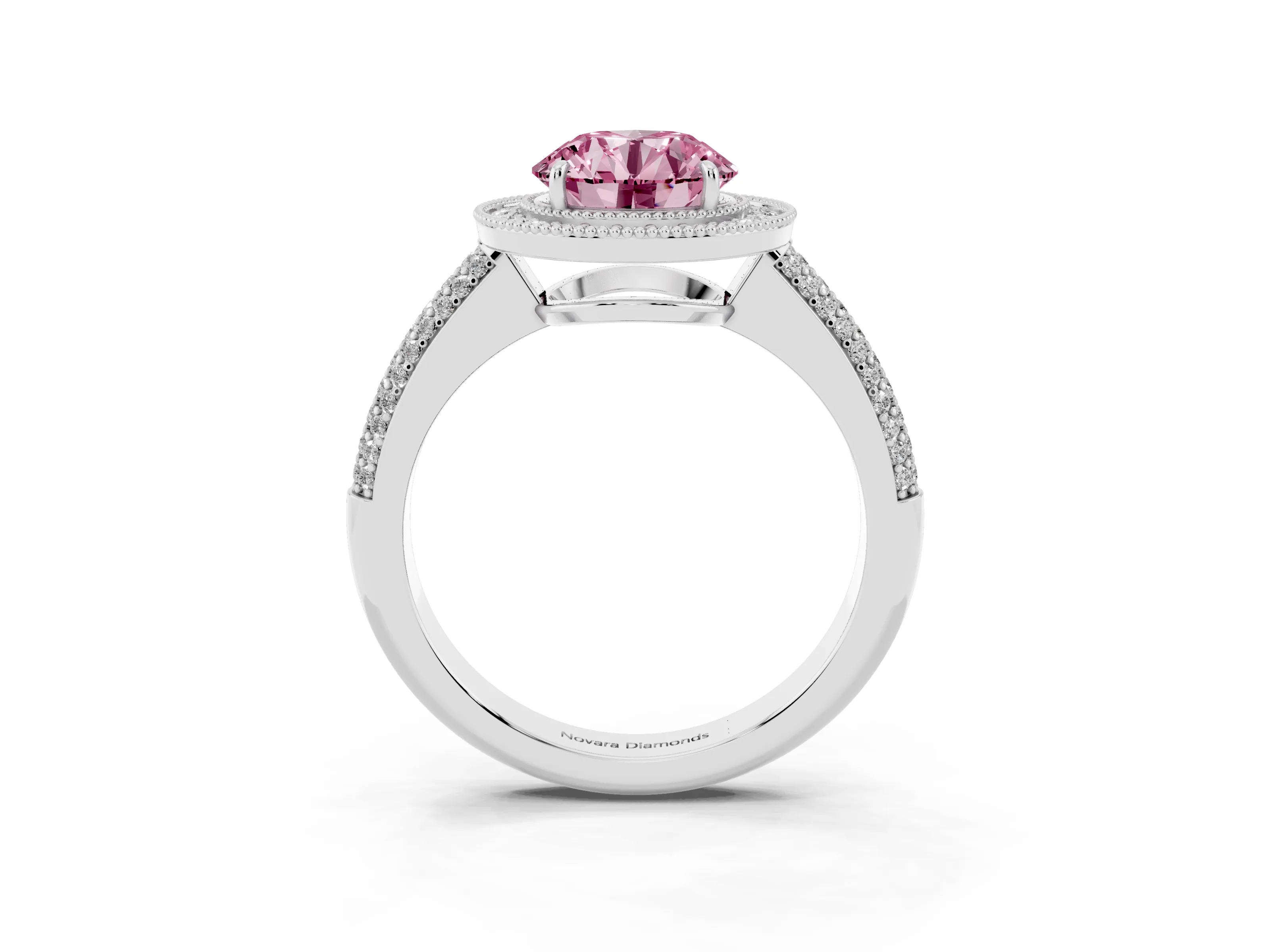 Fancy Pink Round Cut Diamond Halo Pavé Band Set in Platinum with Prong Setting