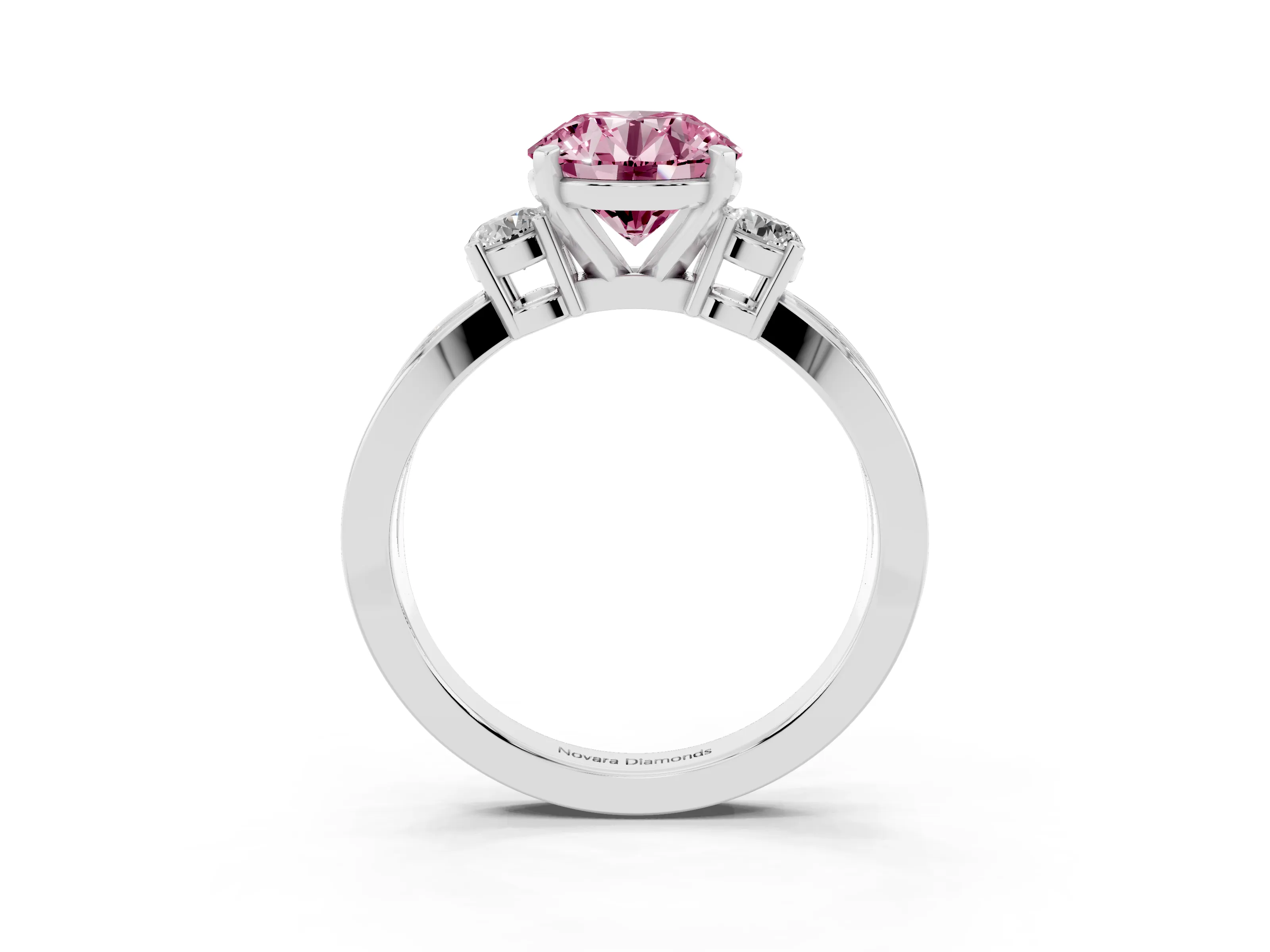Fancy Pink Three-Stone Round Cut Diamond Twist Band Ring Set in Platinum with Pavé Accents and Prong Setting