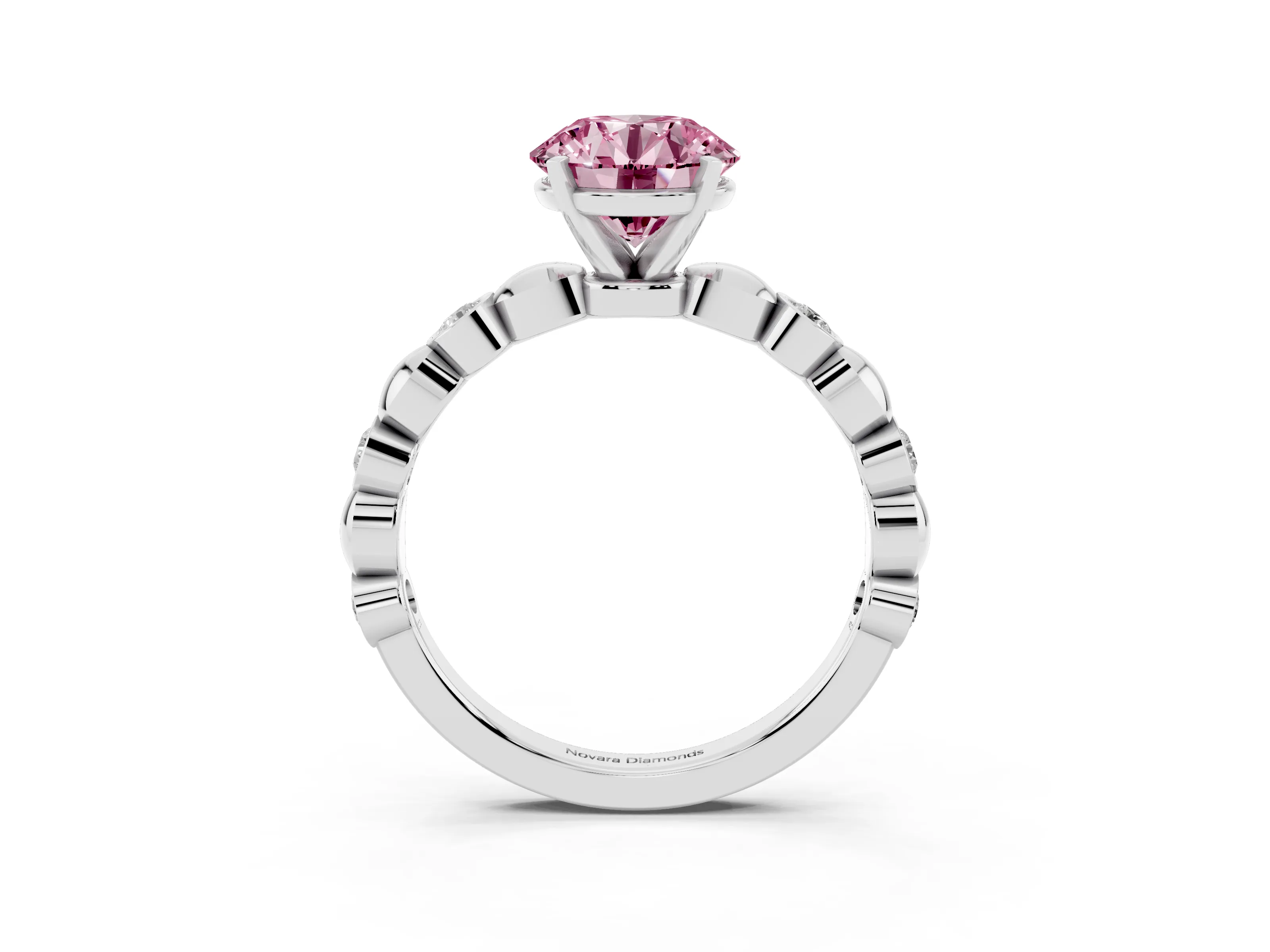 Fancy Pink Round Cut Diamond Solitaire Ring Set in Silver with Bezel-Set Accents on Beaded Band and Prong Setting