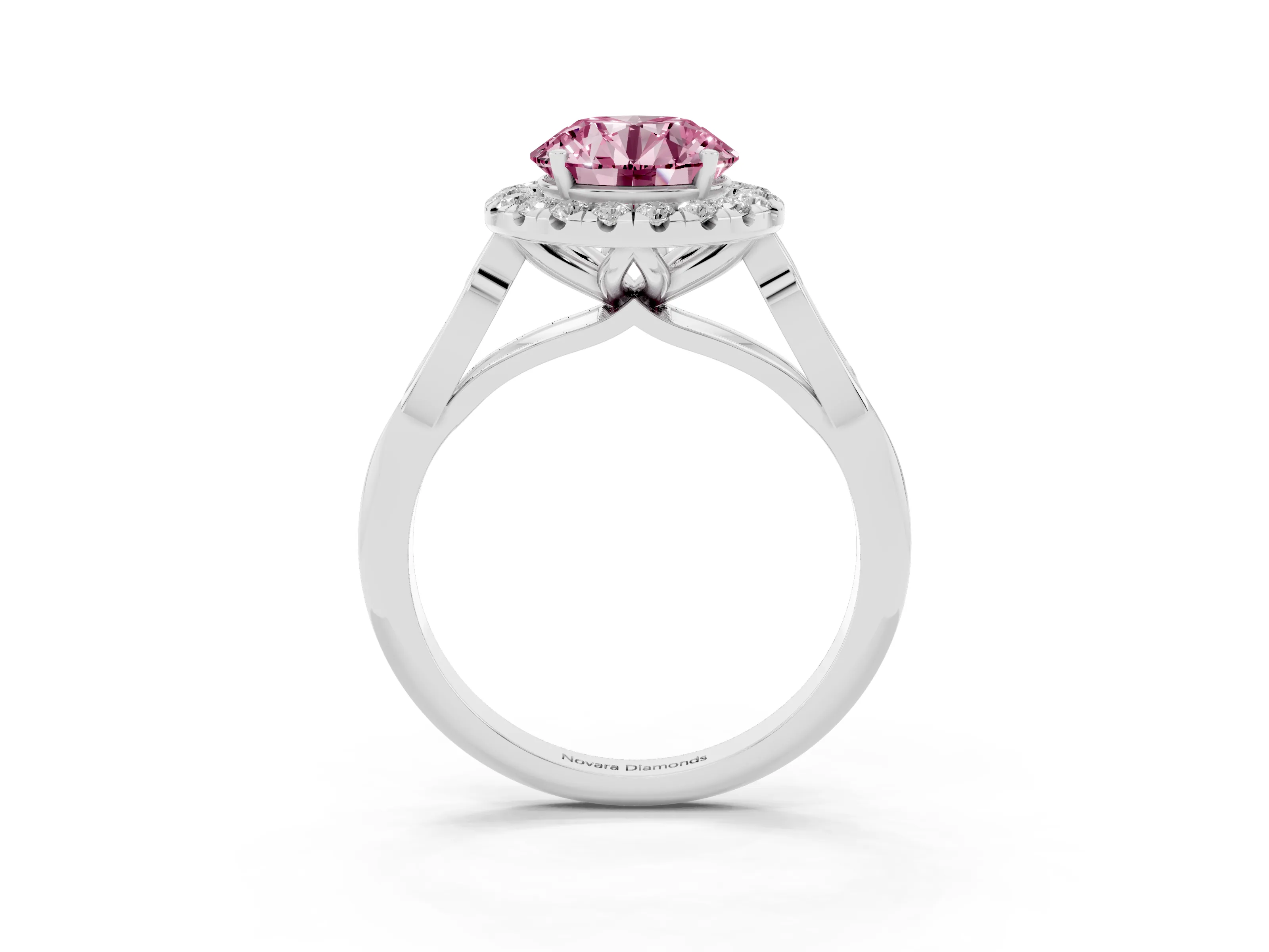 Fancy Pink Round Cut Diamond Halo Engagement Ring Set in White gold with Filigree Band and Prong-Set Center