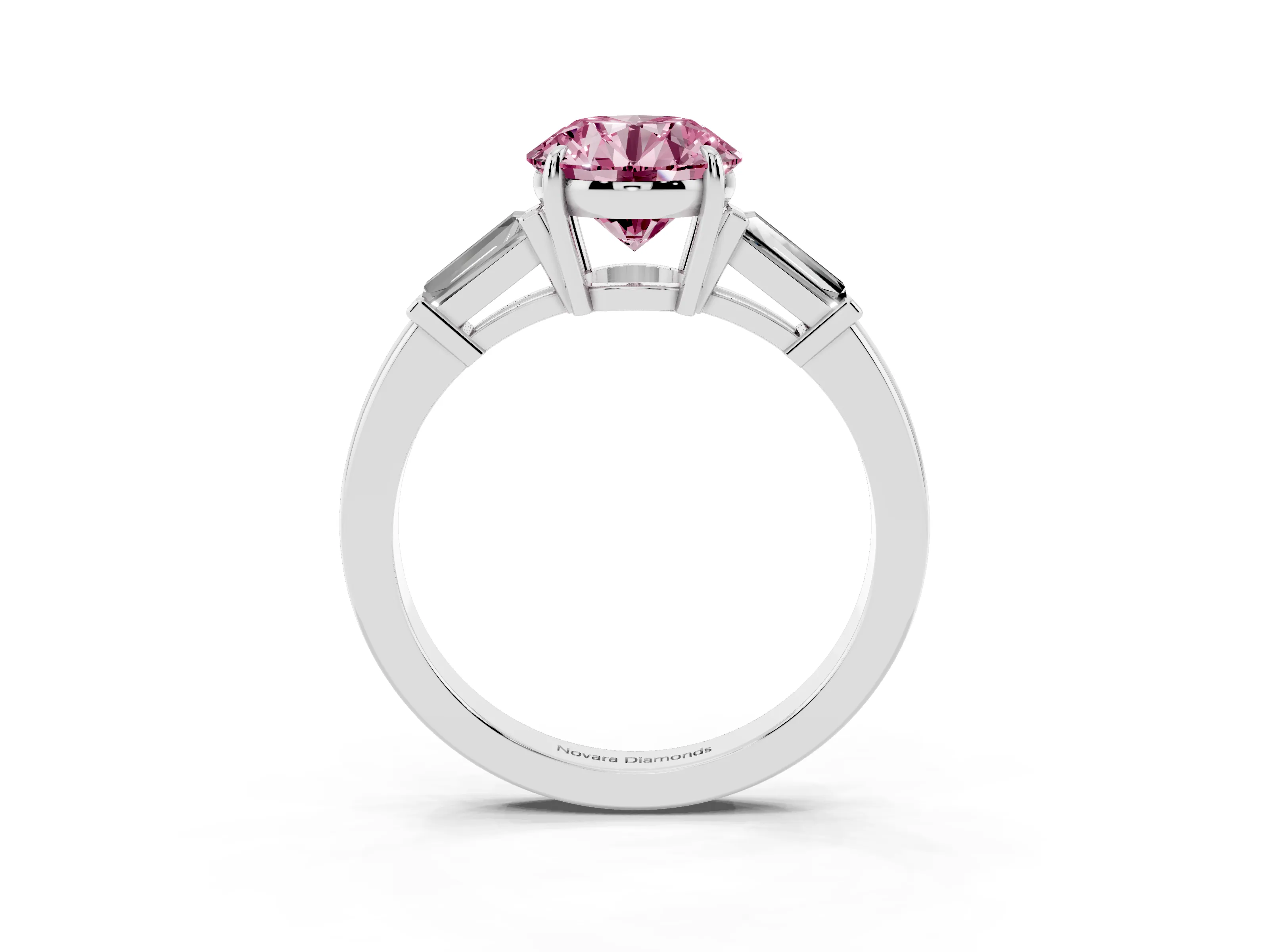 Fancy Pink Round Cut Diamond Three-Stone Ring Set in White gold with Tapered Baguette Side Stones and Prong Setting