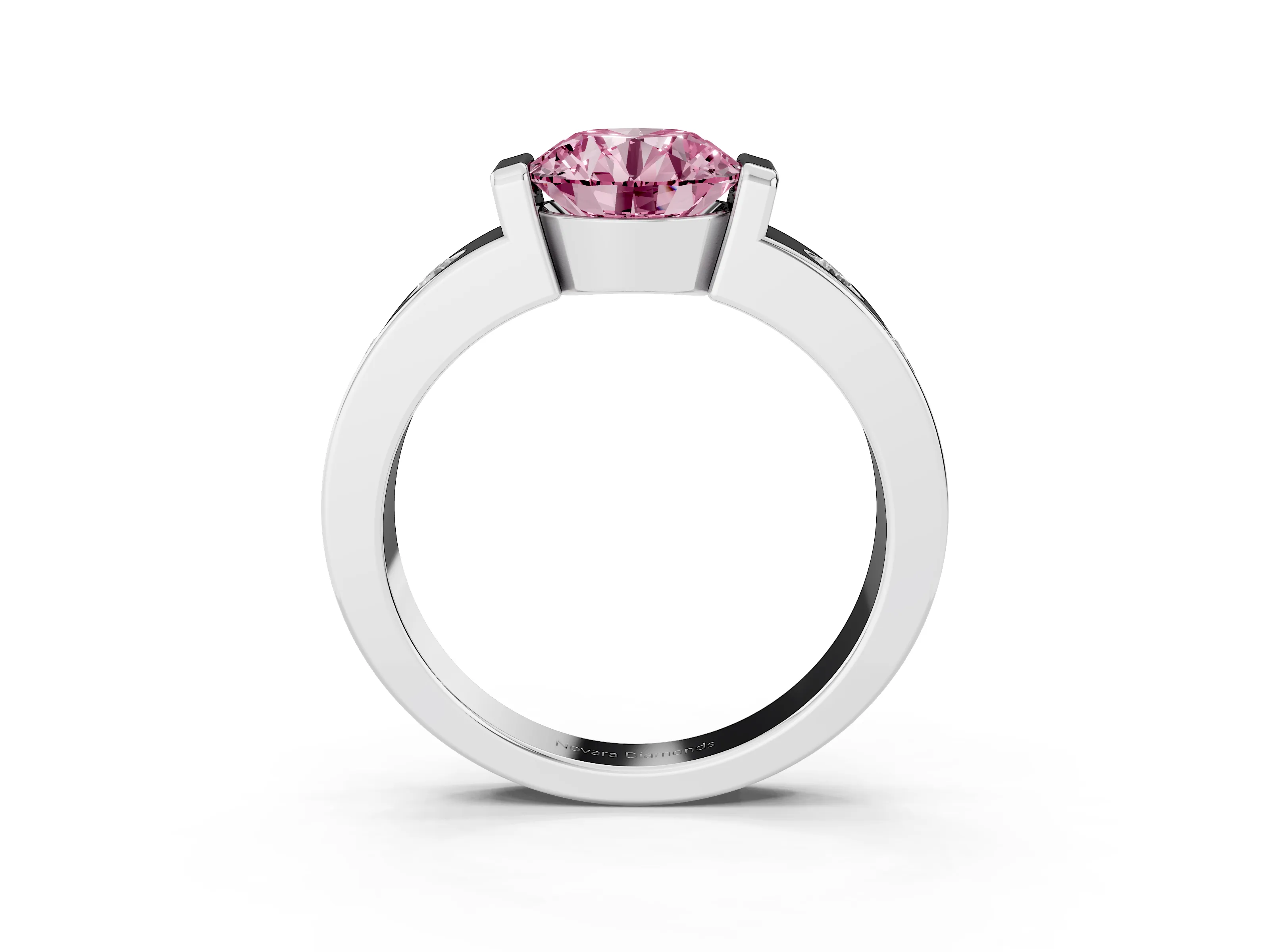 Fancy Pink Round Cut Diamond Channel-Set Band Ring Set in Silver with Bezel Prong Setting