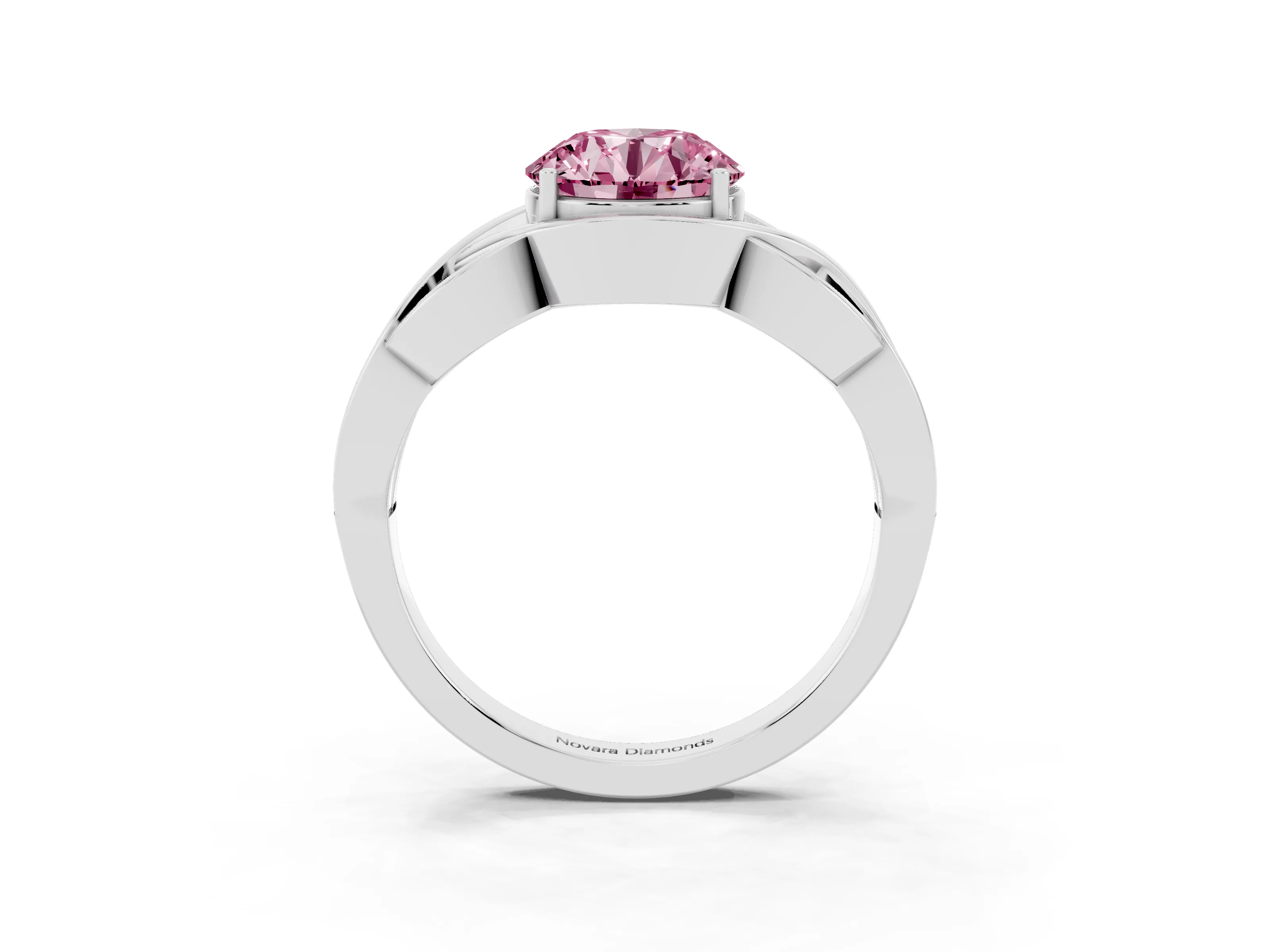 Fancy Pink Round Cut Diamond Solitaire Ring Set in Platinum with Intertwined Band