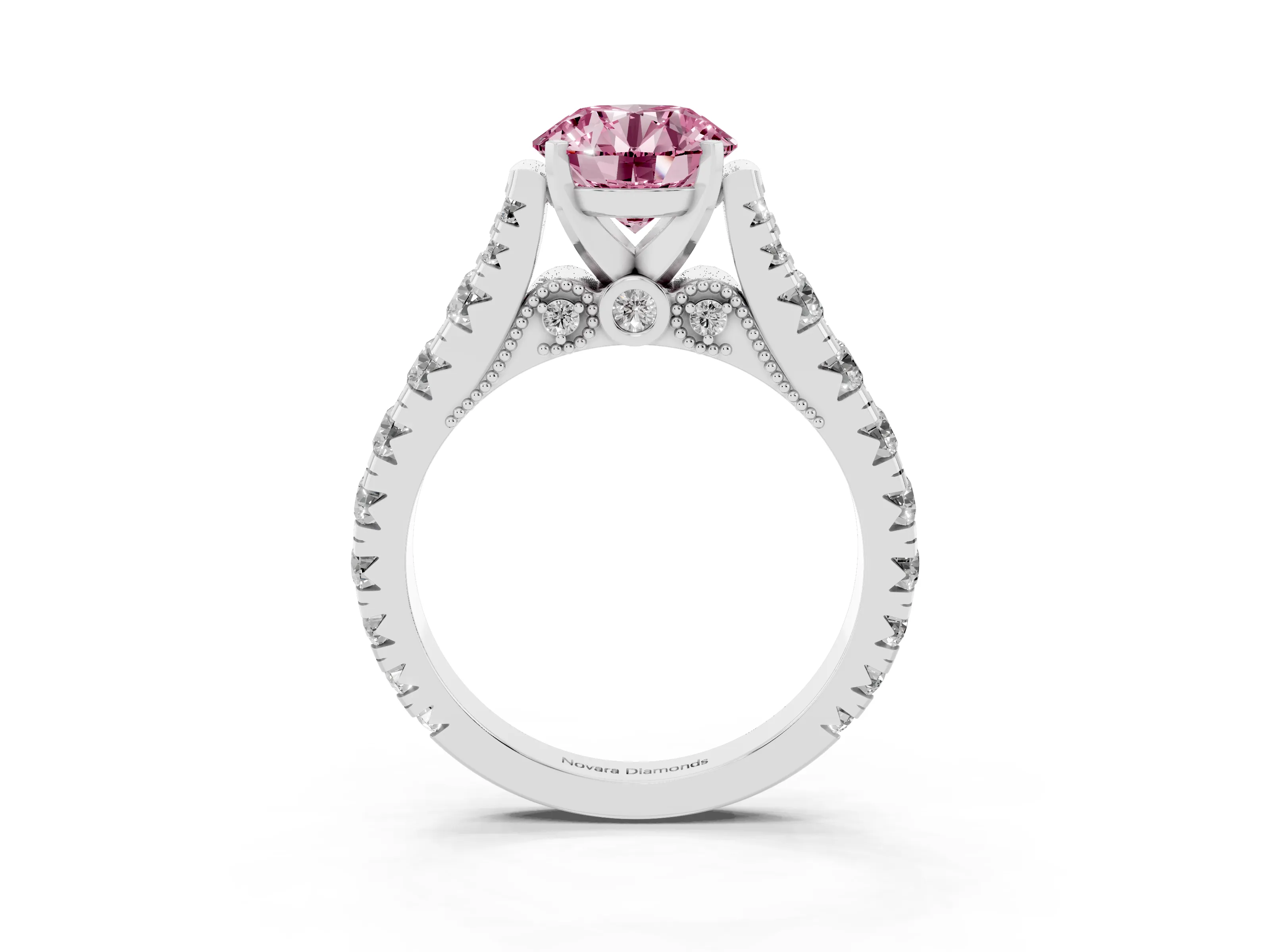Fancy Pink Round Cut Diamond Classic Solitaire Ring Set in Platinum with Pavé Band and Prong Setting