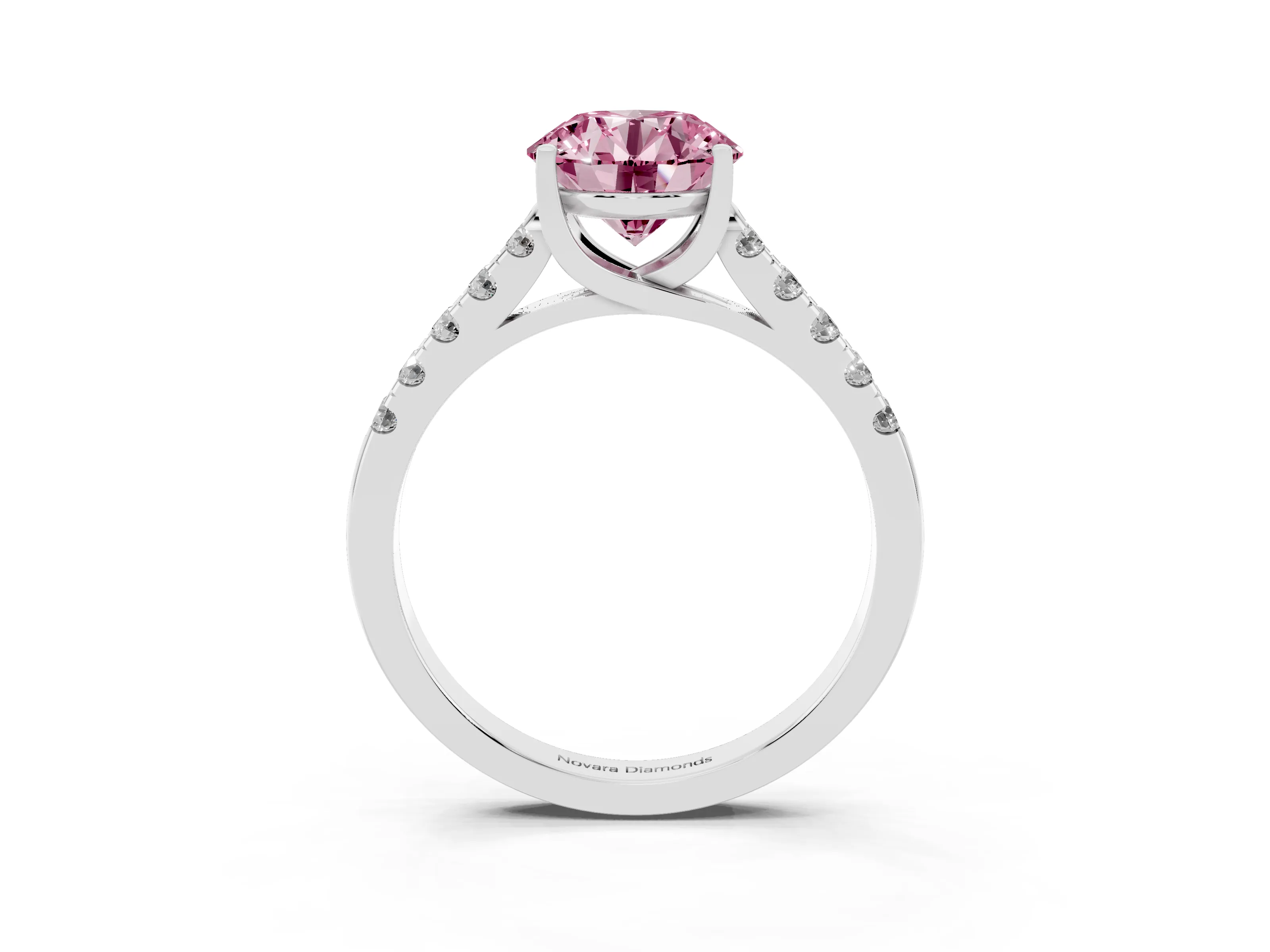 Fancy Pink Round Cut Diamond Pavé Band Solitaire Ring Set in Platinum with Partway Accent Stones and Prong Setting