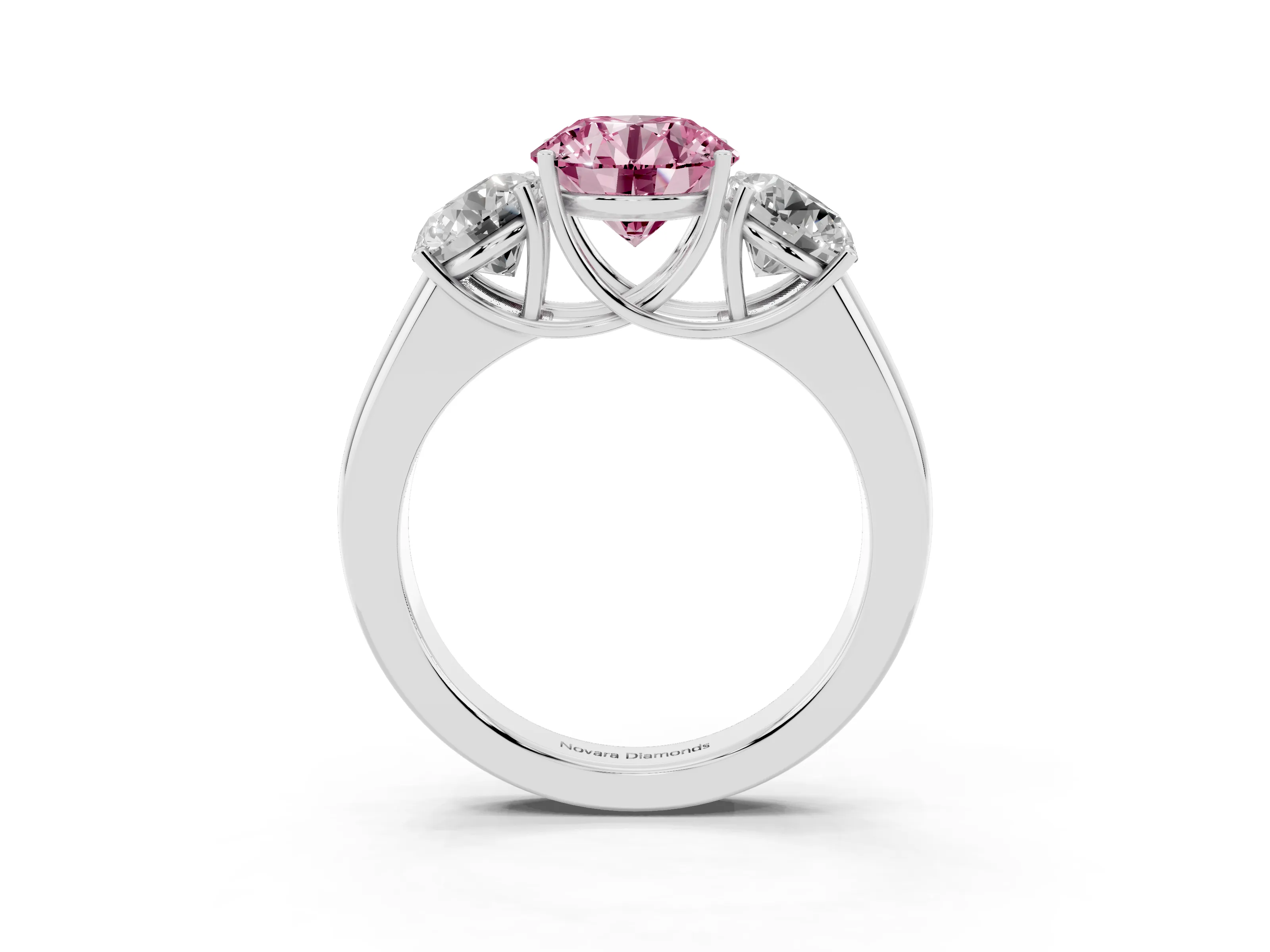 Fancy Pink Three-Stone Round Cut Diamond Ring Set in White gold with Matching Prong Settings and Plain Band