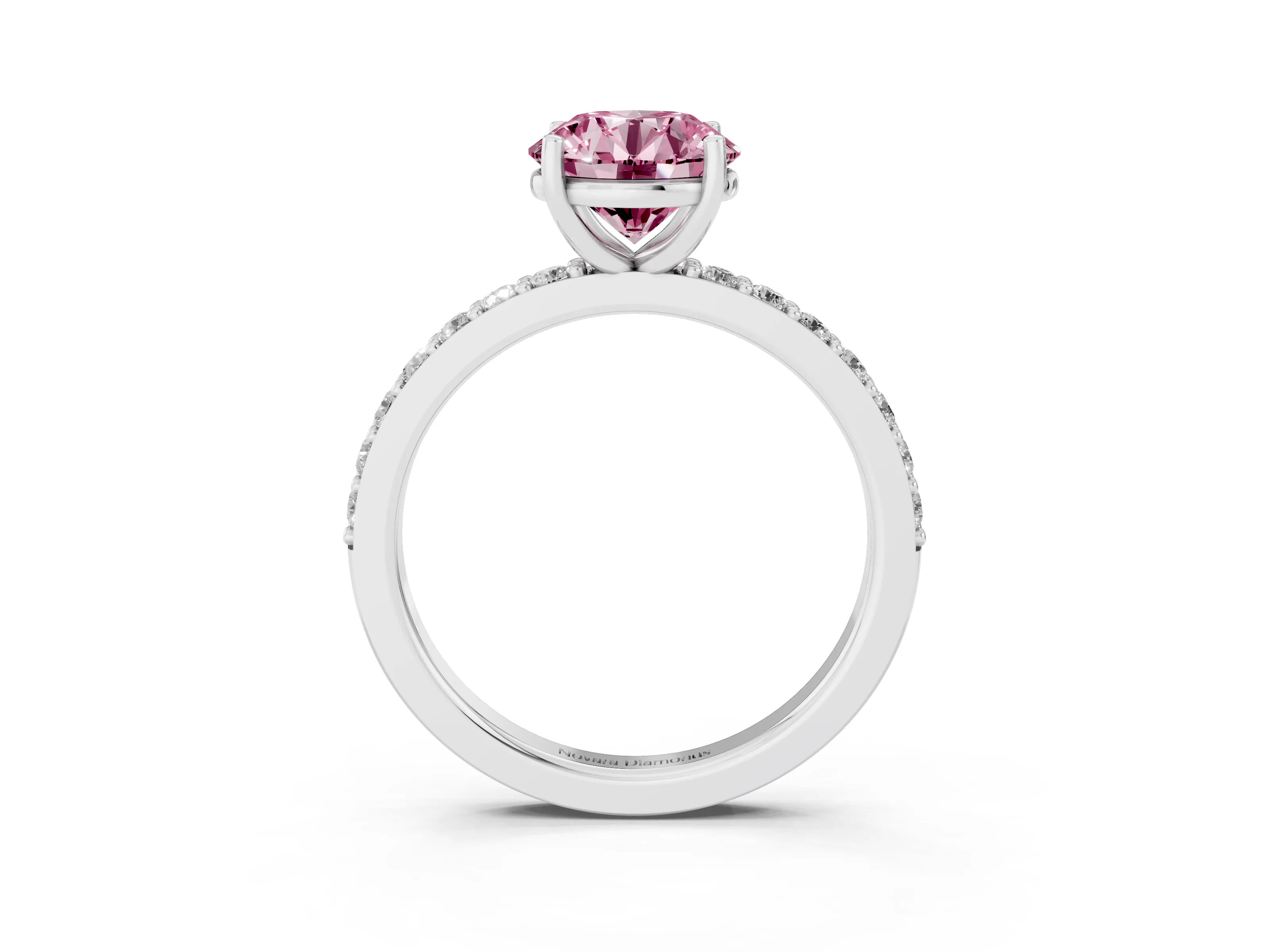 Fancy Pink Round Cut Diamond Solitaire Set in Platinum with Round Pavé Band and Prong Setting