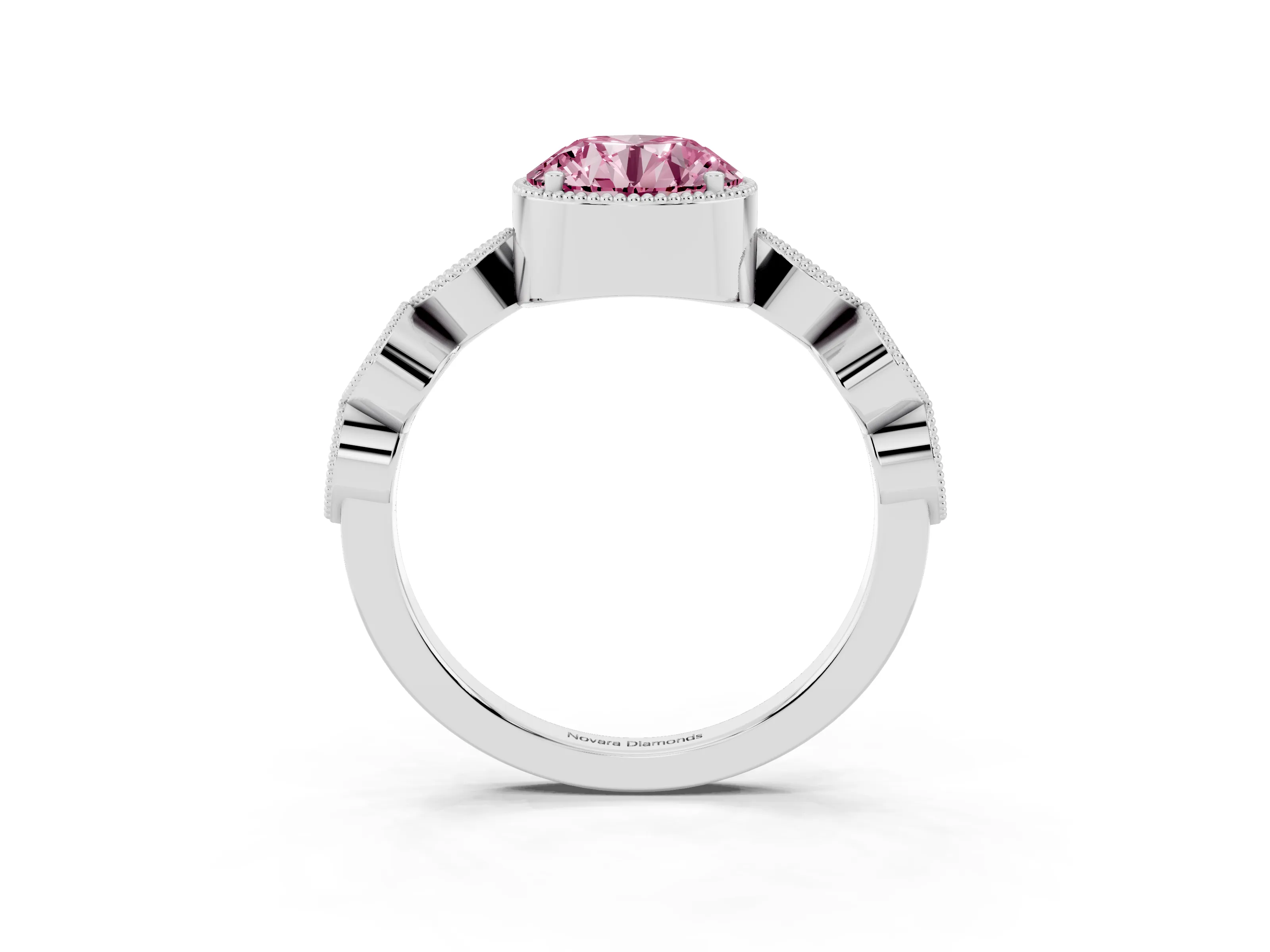 Fancy Pink Round Cut Diamond Vintage-Inspired Milgrain Ring Set in White gold with Marquise Stations of Round Accents