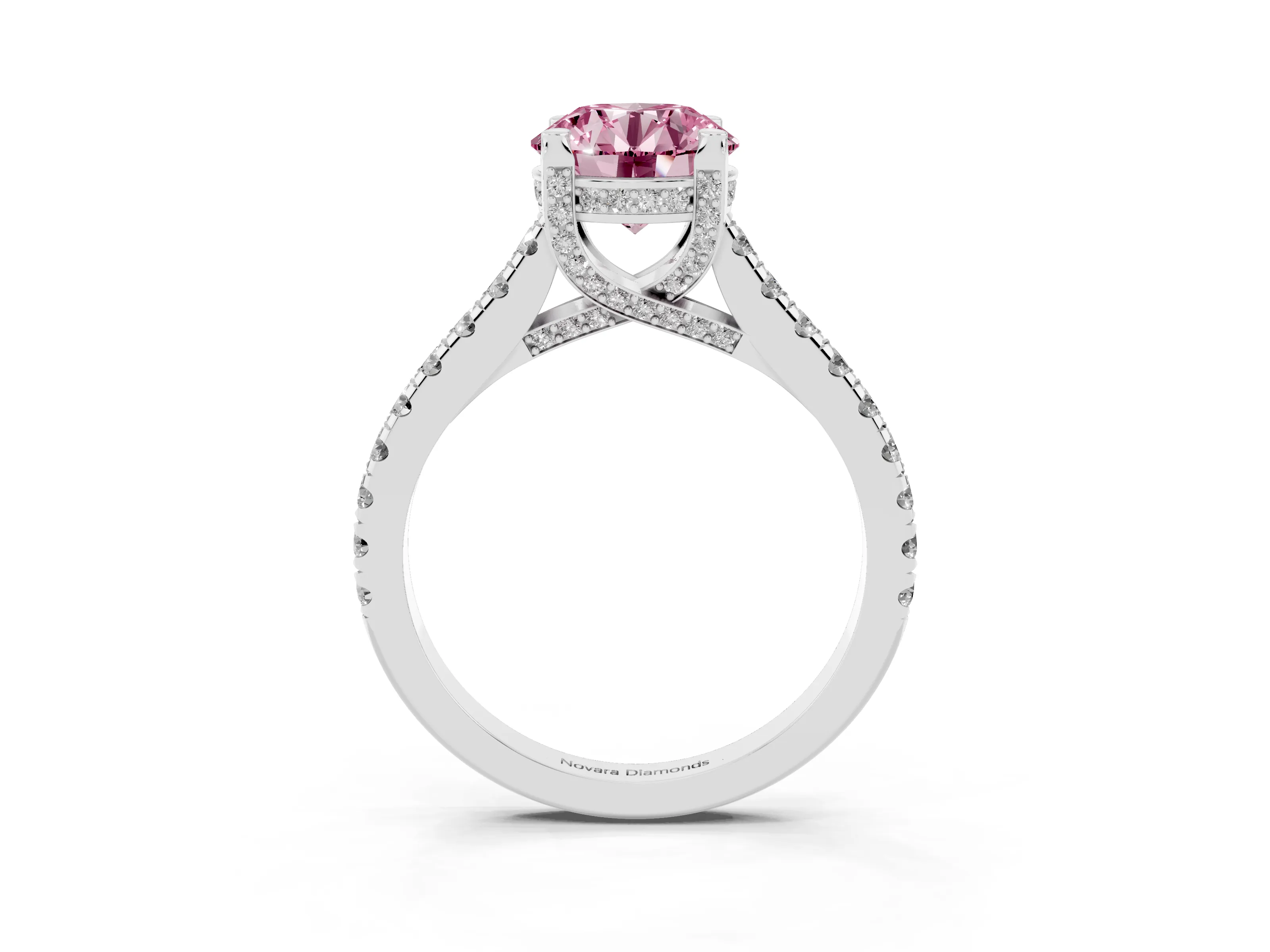 Fancy Pink Round Cut Diamond Solitaire Ring Set in Platinum with Brilliant Pavé Band and Prong Setting