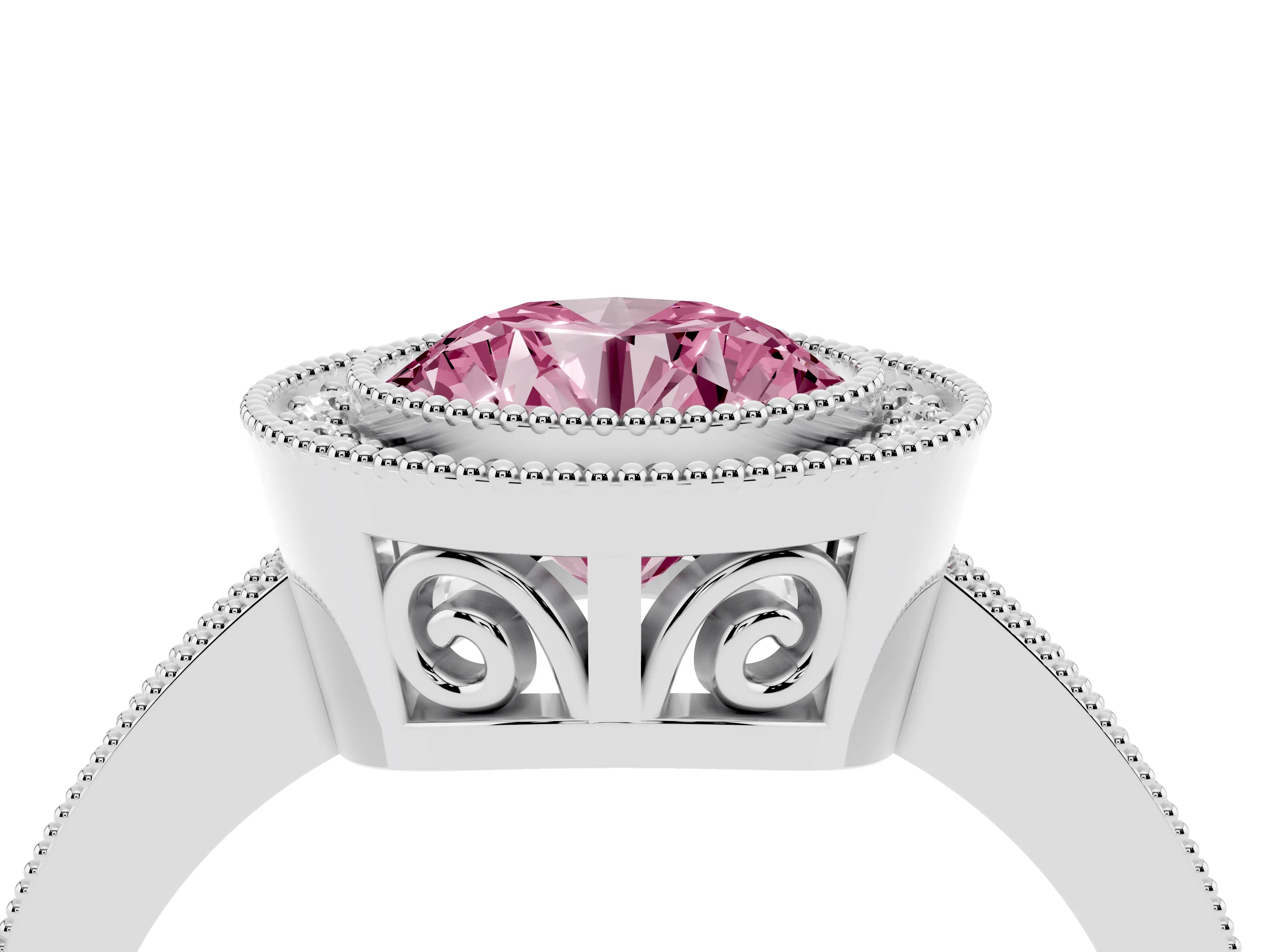 Fancy Pink Round Cut Diamond Round Halo Ring Set in White gold with Pavé Band
