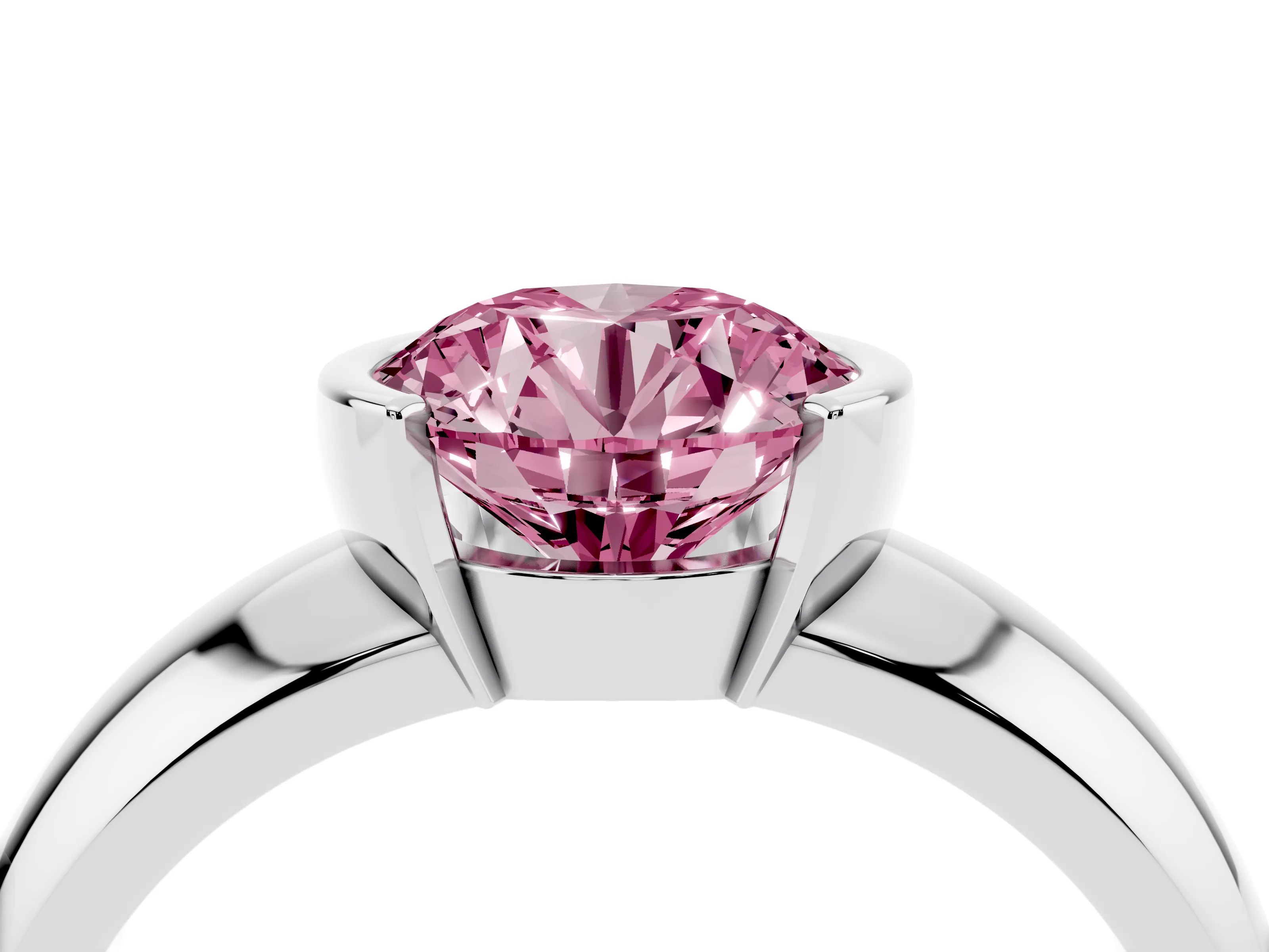 Fancy Pink Round Cut Diamond Solitaire Tension Set Ring Set in Platinum with Wide Band