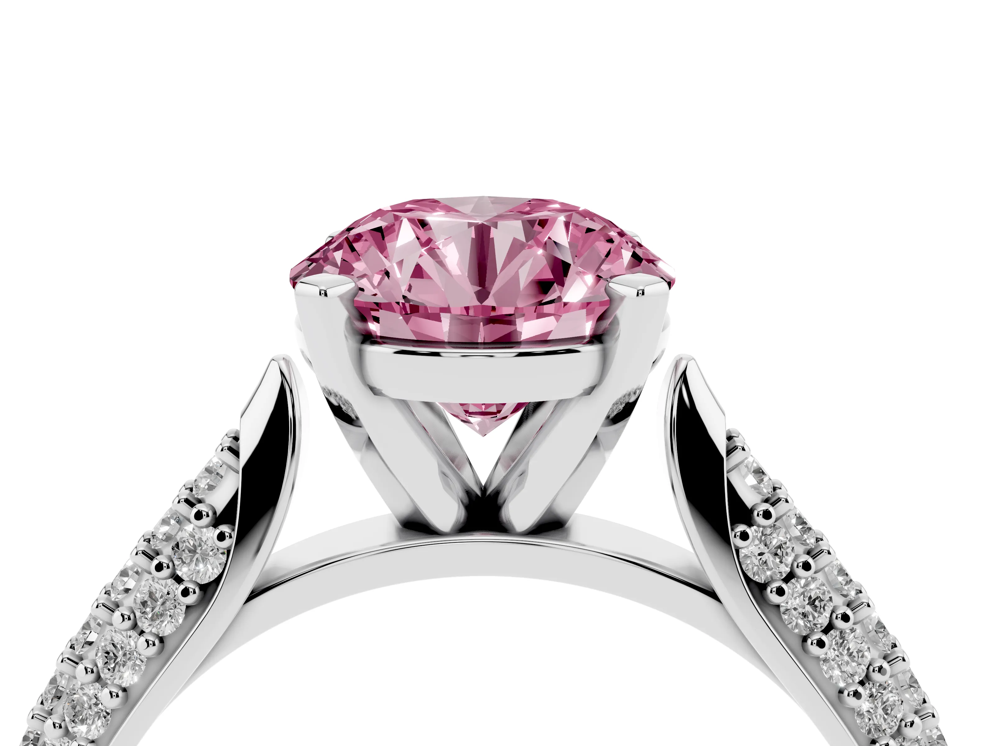 Fancy Pink Round Cut Diamond Solitaire Engagement Ring Set in Platinum with Multi-Row Round Pavé Band and Prong Setting