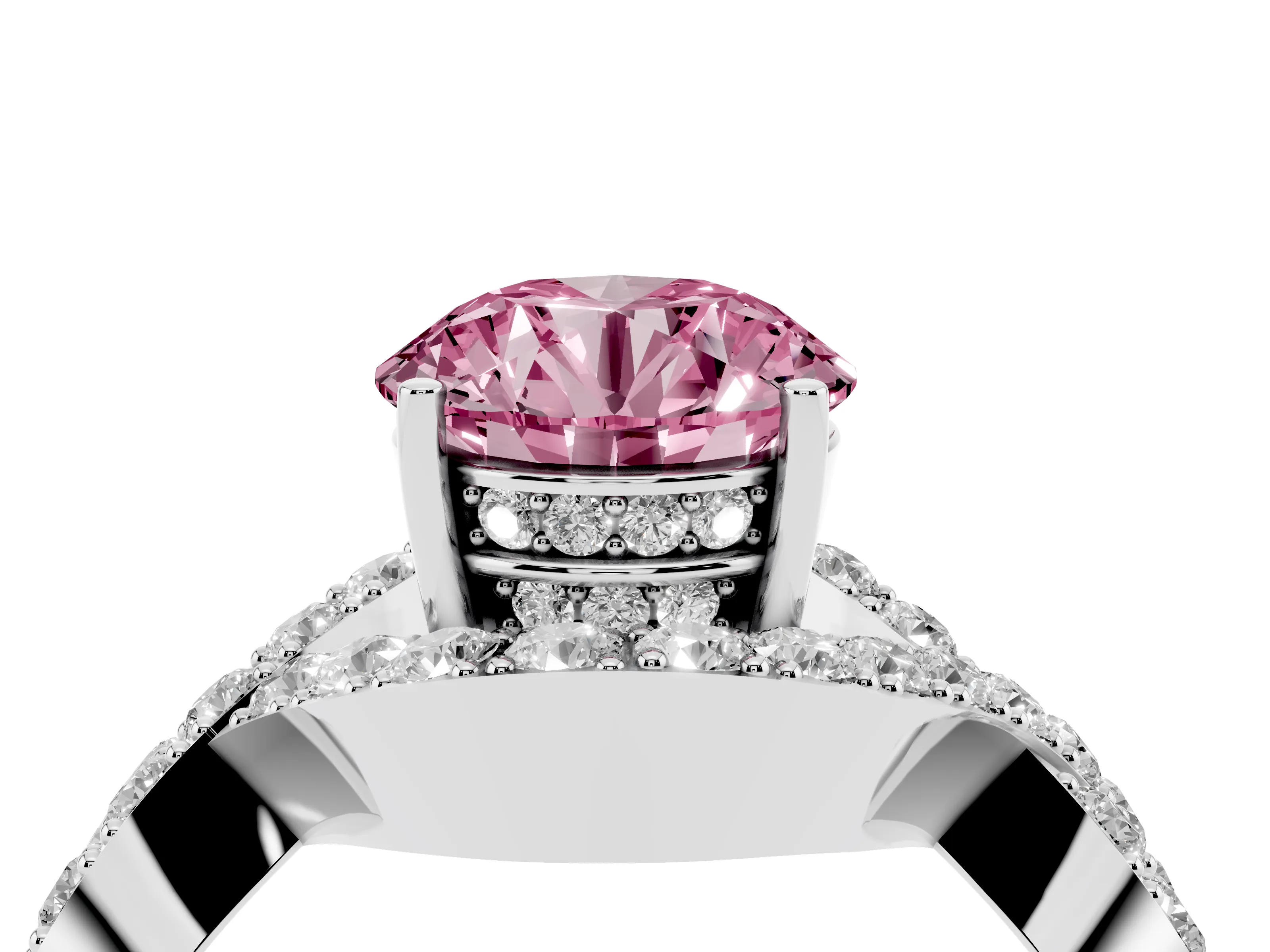 Fancy Pink Round Cut Diamond Solitaire Twist Band Pavé Engagement Ring Set in White gold