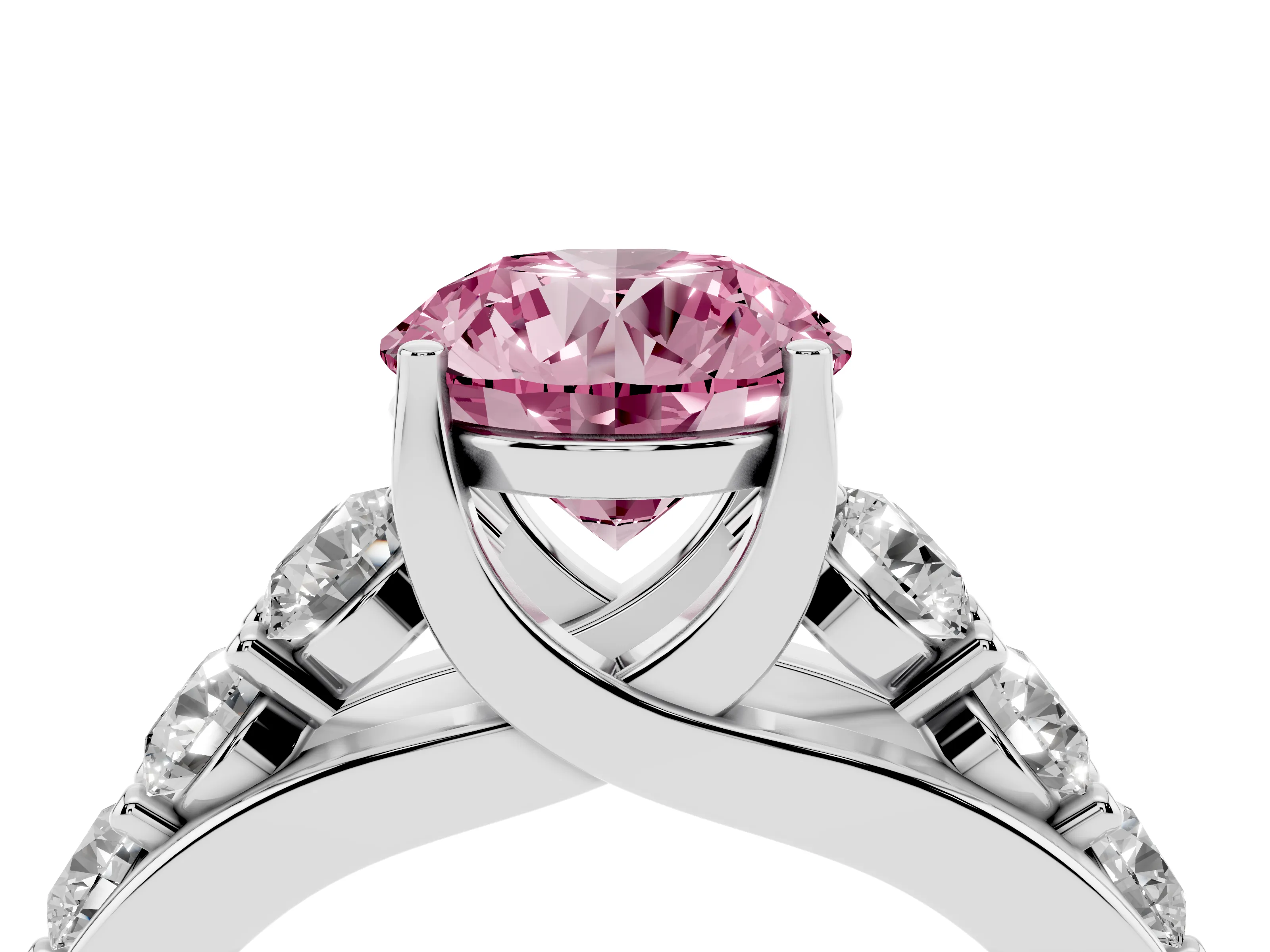 Fancy Pink Round Cut Diamond Pavé Engagement Ring Set in Silver with Prong Setting