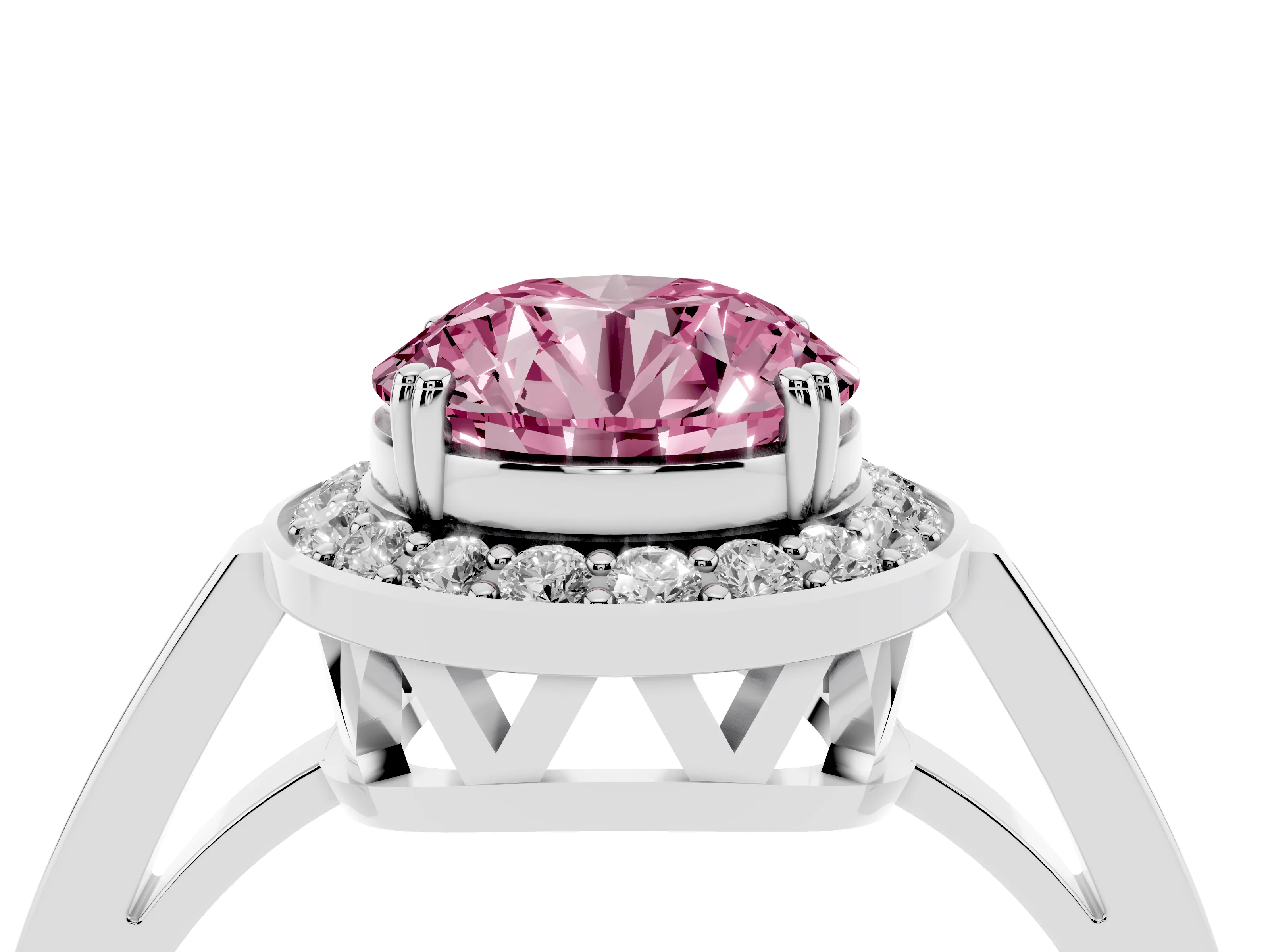 Fancy Pink Round Cut Diamond Halo Ring Set in Platinum with Accent-Lined Split Shank and Prong Setting
