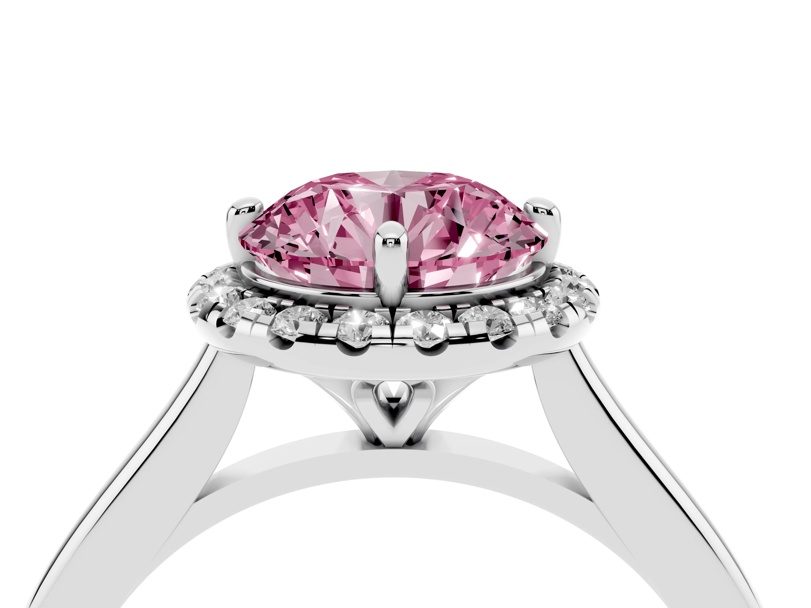 Fancy Pink Round Cut Diamond Halo Engagement Ring Set in Platinum with Pavé Band and Rising Shoulders