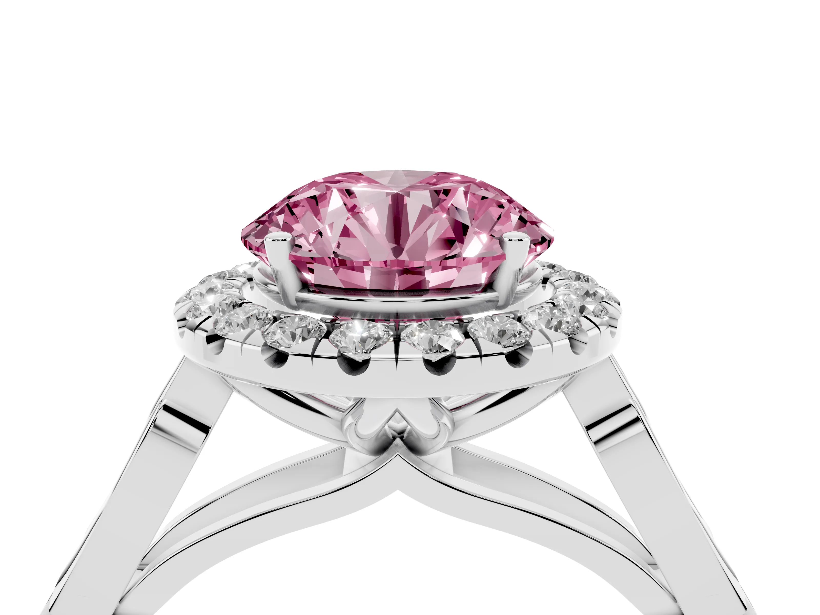 Fancy Pink Round Cut Diamond Halo Engagement Ring Set in White gold with Filigree Band and Prong-Set Center