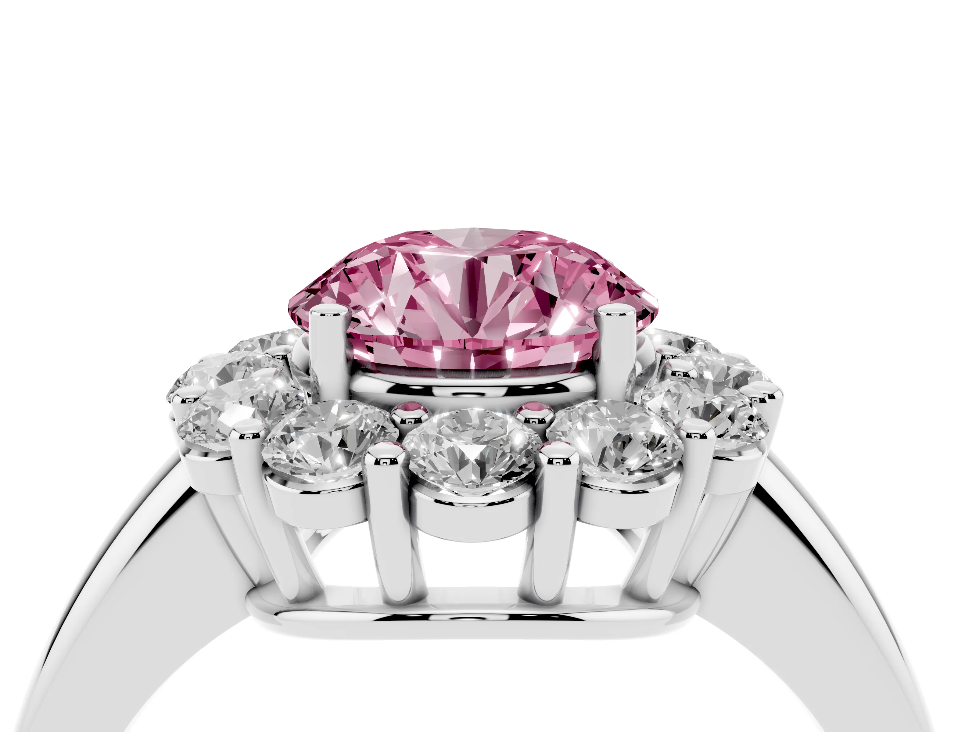 Fancy Pink Round Cut Diamond Halo Cluster Engagement Ring Set in White gold with Polished Band and Prong Setting