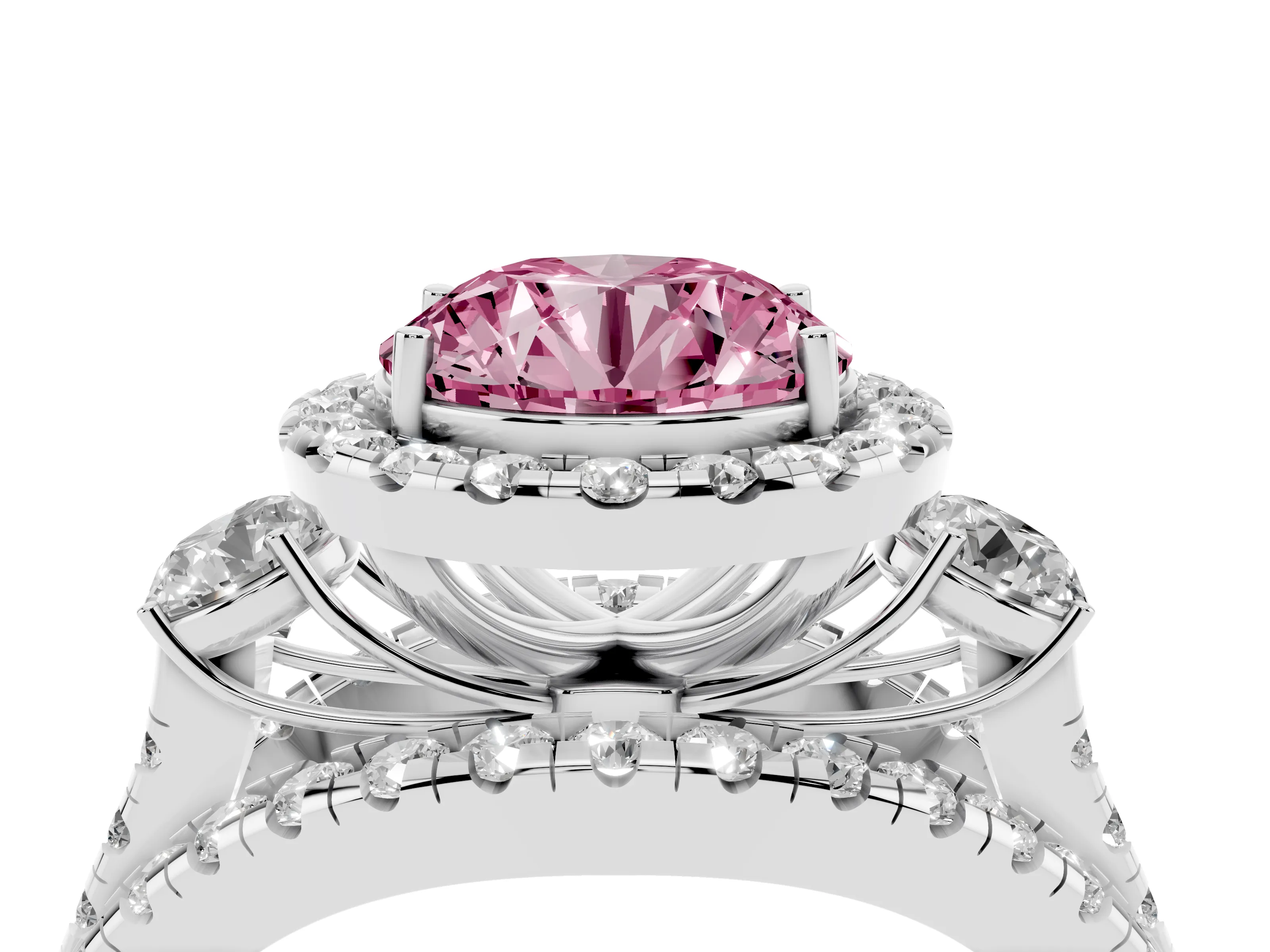 Fancy Pink Round Cut Diamond Halo Split Shank Ring Set in White gold with Round Accent Stones and Prong Setting