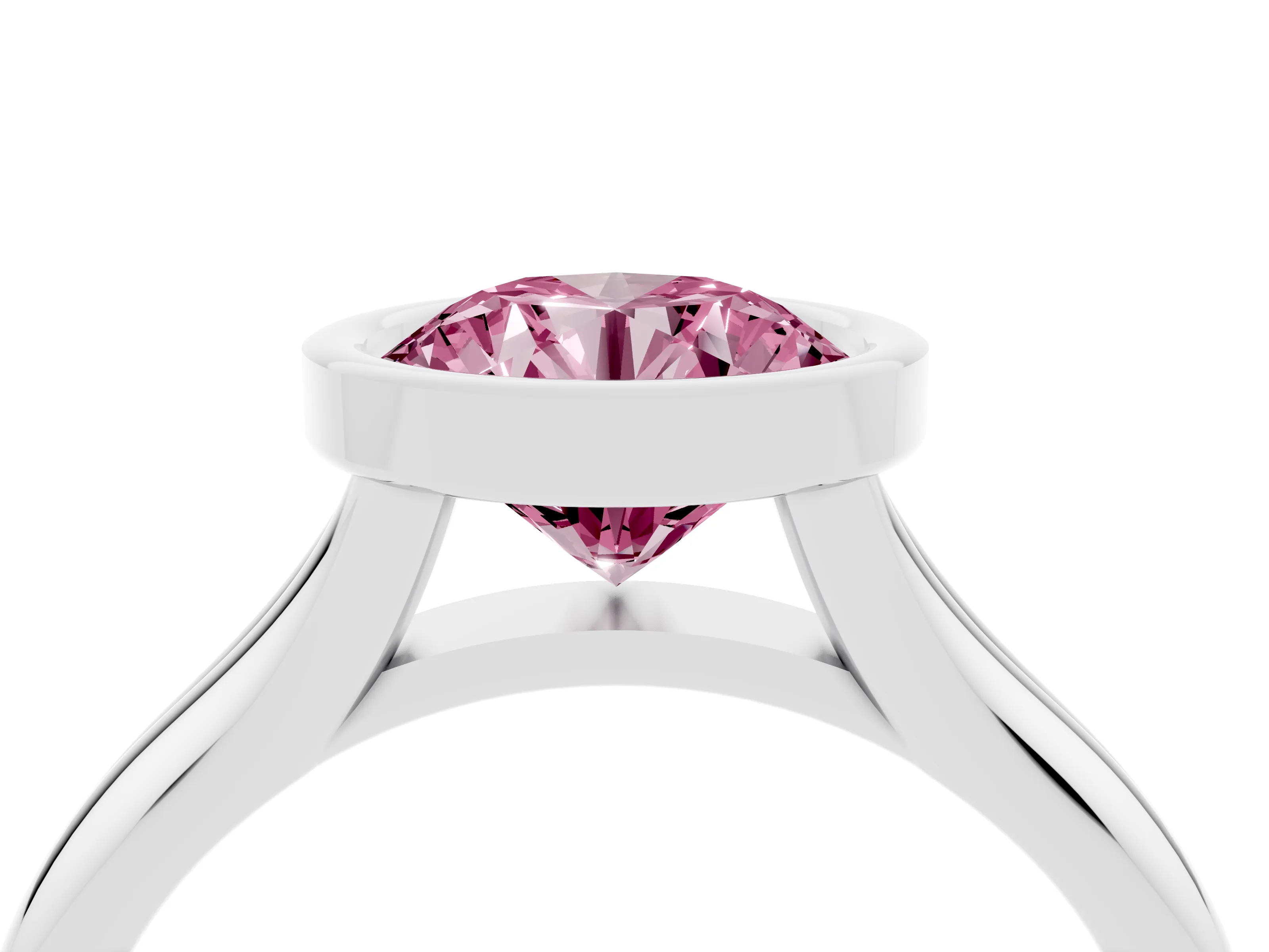 Fancy Pink Bezel Set Round Cut Diamond Solitaire Ring Set in Platinum with Smooth Band