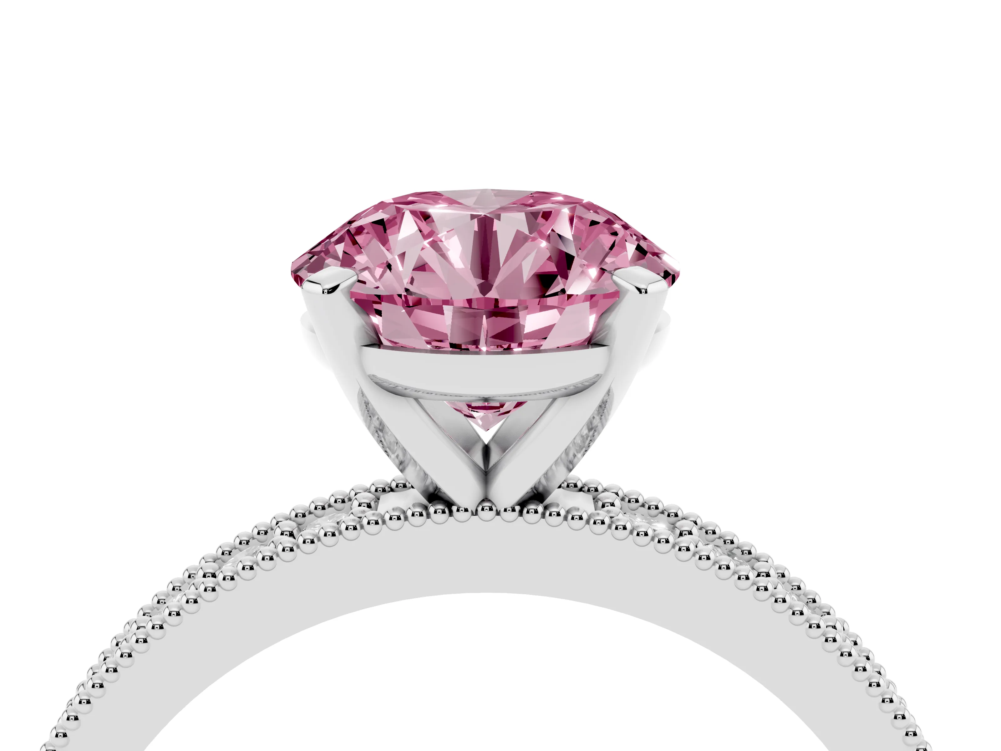 Fancy Pink Round Cut Diamond Milgrain Pavé Engagement Ring Set in Platinum with Prong Setting
