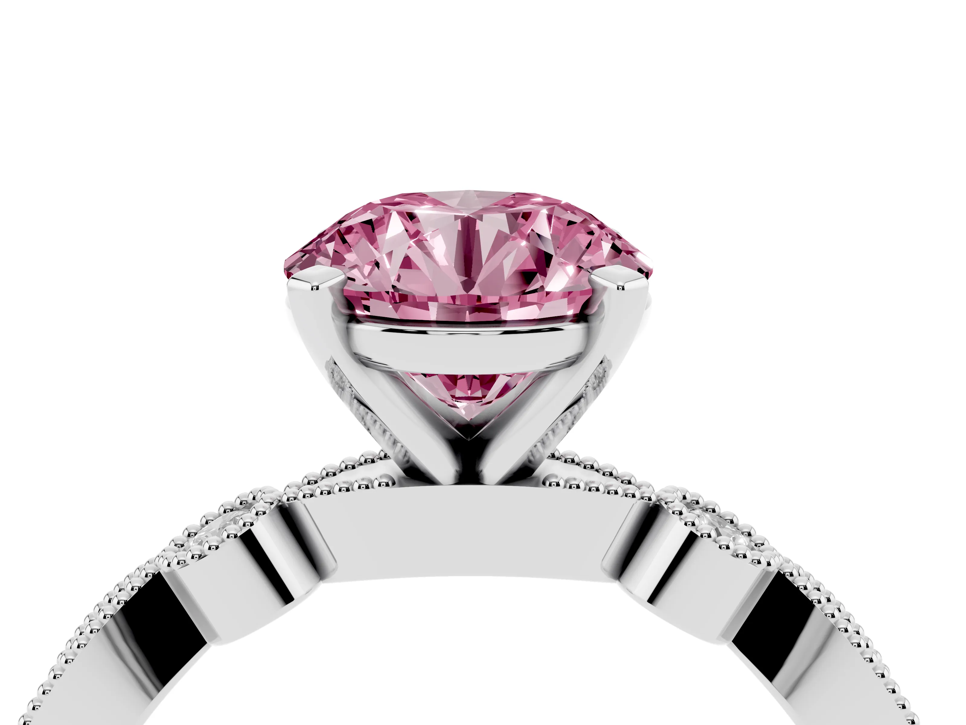 Fancy Pink Round Cut Diamond Solitaire Engagement Ring Set in Silver with Milgrain Bezel Accent Band