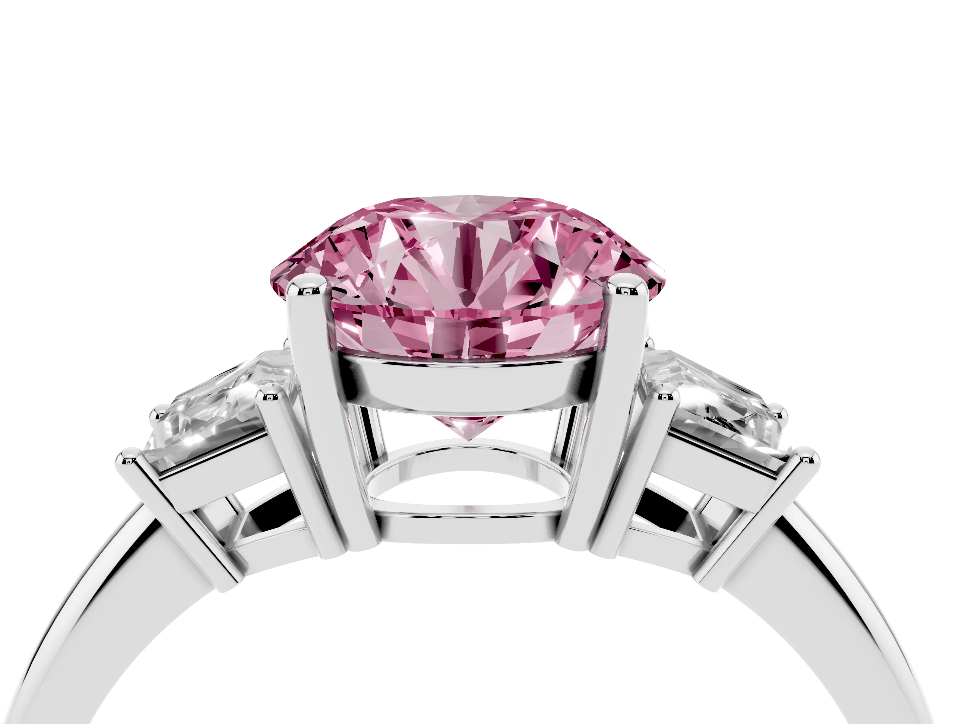 Fancy Pink Round Cut Diamond Three-Stone Ring Set in Platinum with Trapezoid Side Stones and Prong Setting
