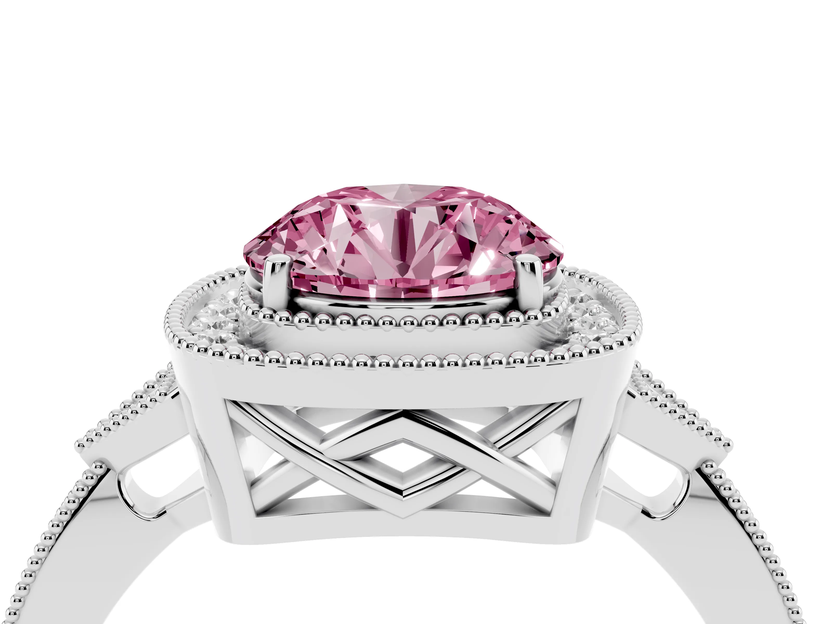 Fancy Pink Round Cut Diamond Halo Engagement Ring Set in White gold with Milgrain Pavé Band