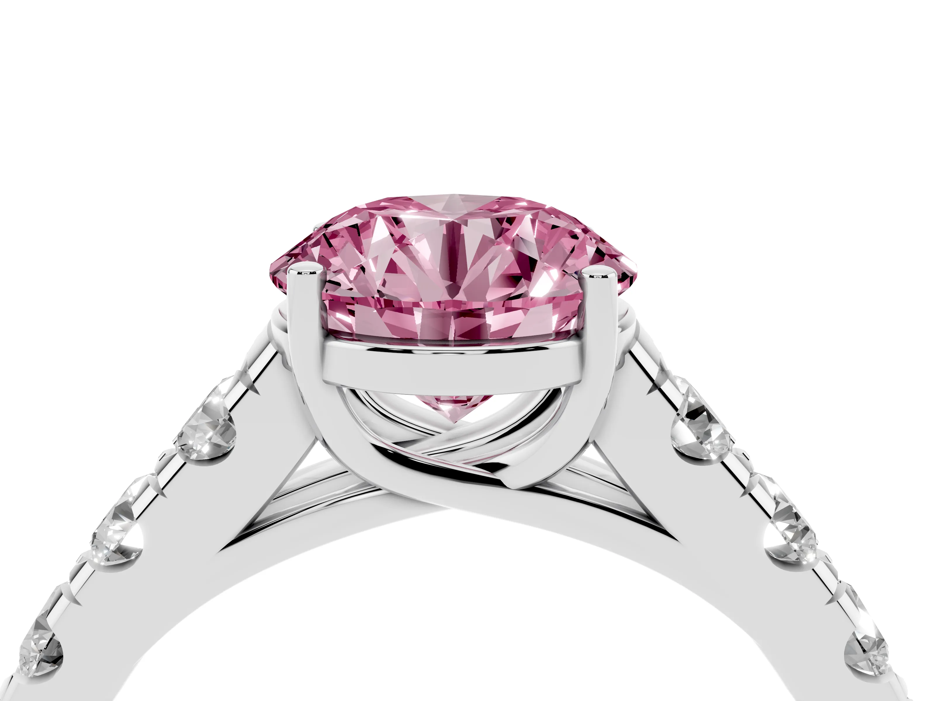 Fancy Pink Round Cut Diamond Solitaire Ring Set in Platinum with Cut-Down Micro Pavé Band and Prong Setting