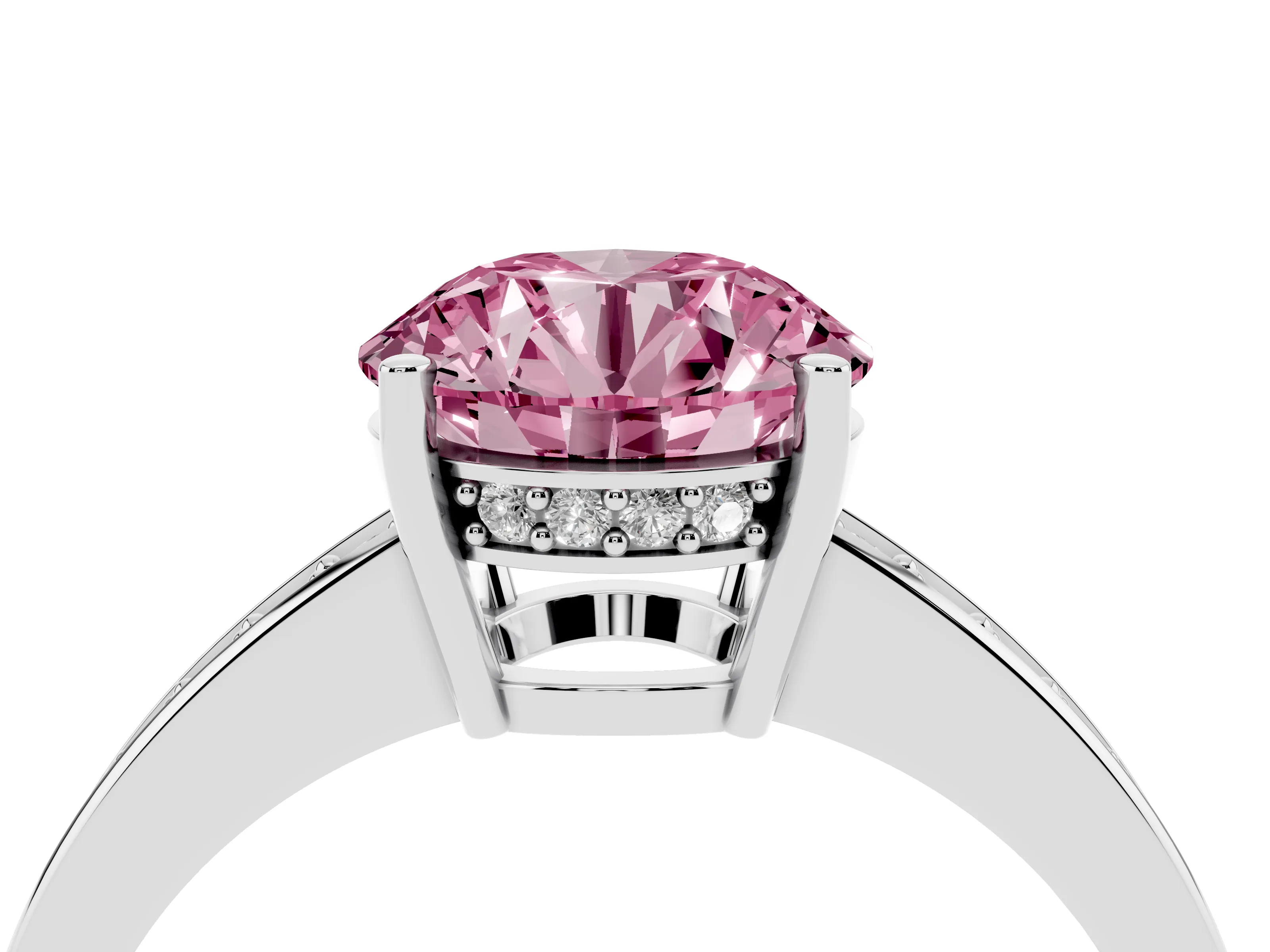 Fancy Pink Round Cut Diamond Pavé Band Prong Set Solitaire Ring Set in Silver