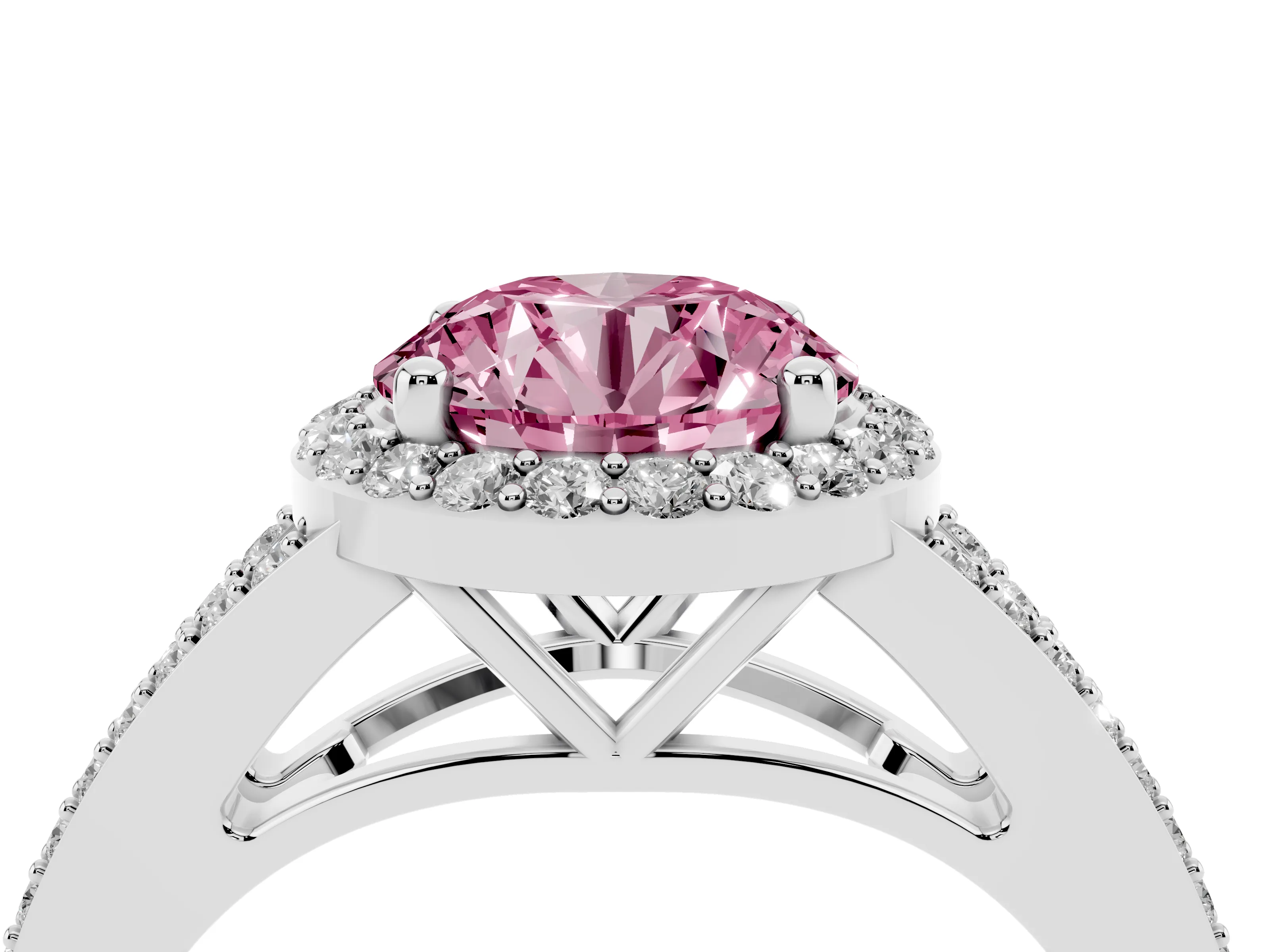 Fancy Pink Round Cut Diamond Halo Split Shank Pavé Ring Set in Platinum with Prong Setting