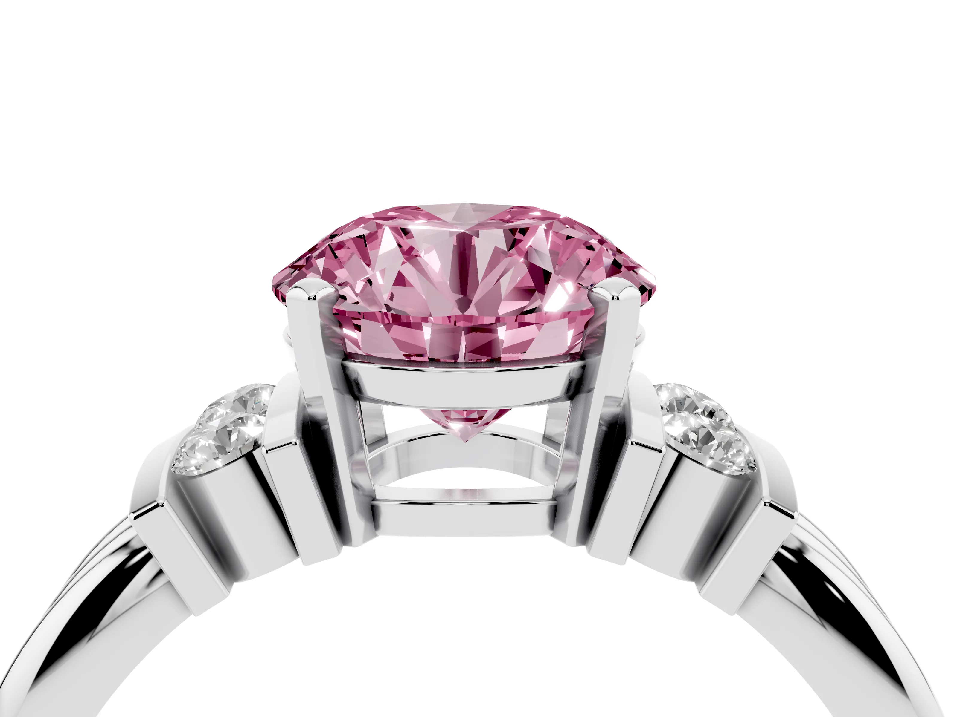 Fancy Pink Three-Stone Round Cut Diamond Channel Set Ring Set in Silver with Bar Prongs