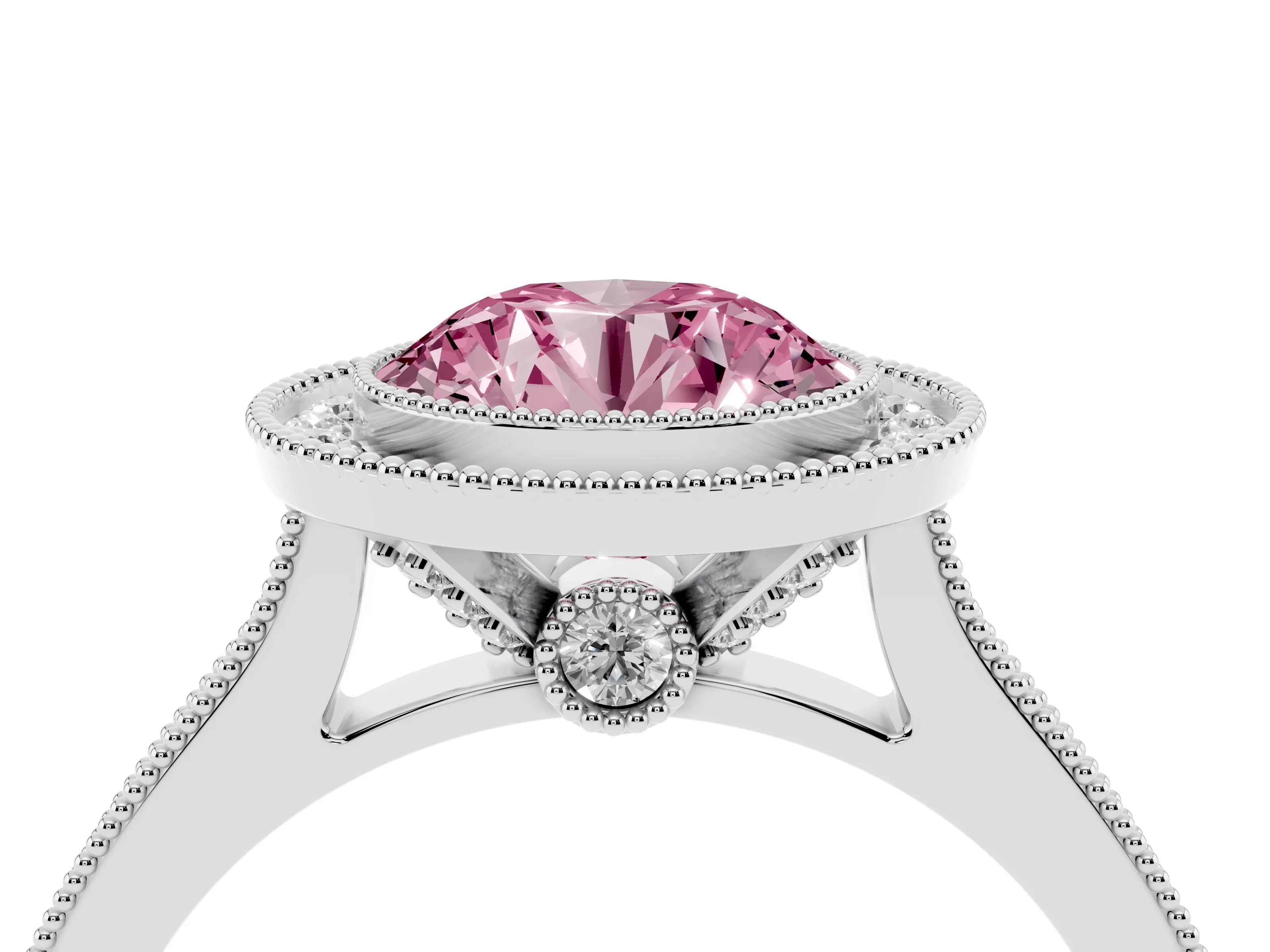 Fancy Pink Round Cut Diamond Halo Milgrain Pavé Band Ring Set in Platinum with Prong Setting