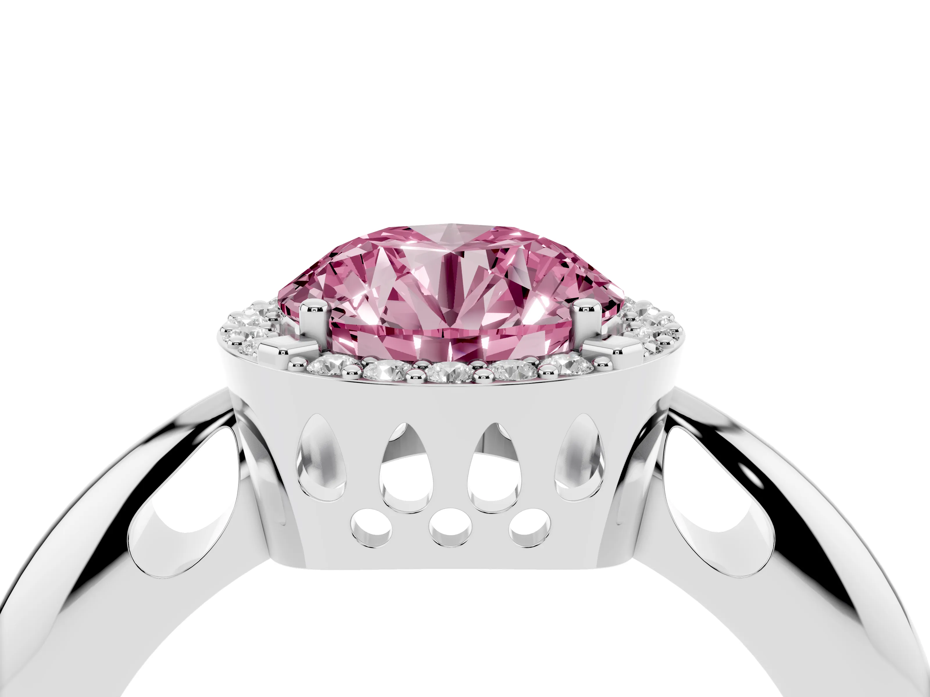 Fancy Pink Round Cut Diamond Halo Engagement Ring Set in Platinum with Plain Split Shank and Prong Setting