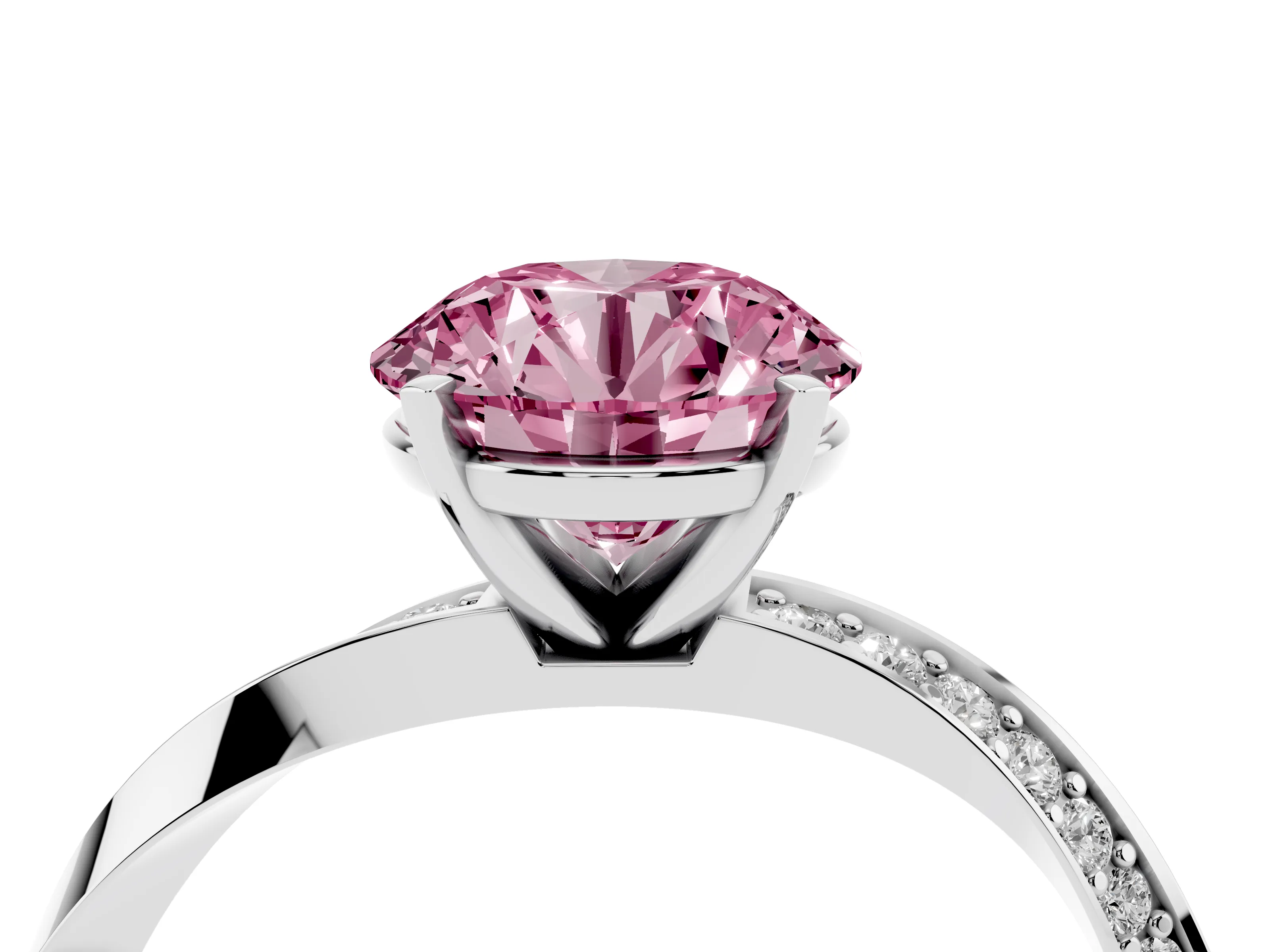 Fancy Pink Round Cut Diamond Engagement Ring Set in Silver with Side Stone Accents and Prong Setting