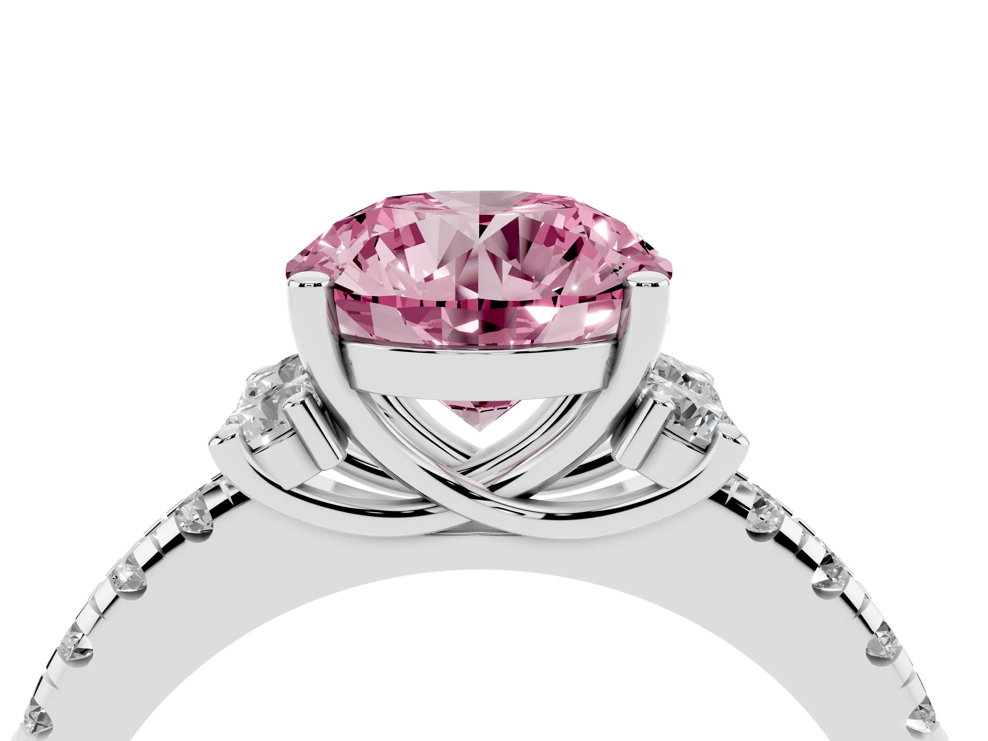 Fancy Pink Round Cut Diamond Three-Stone Pavé Ring Set in Silver with Prong Setting