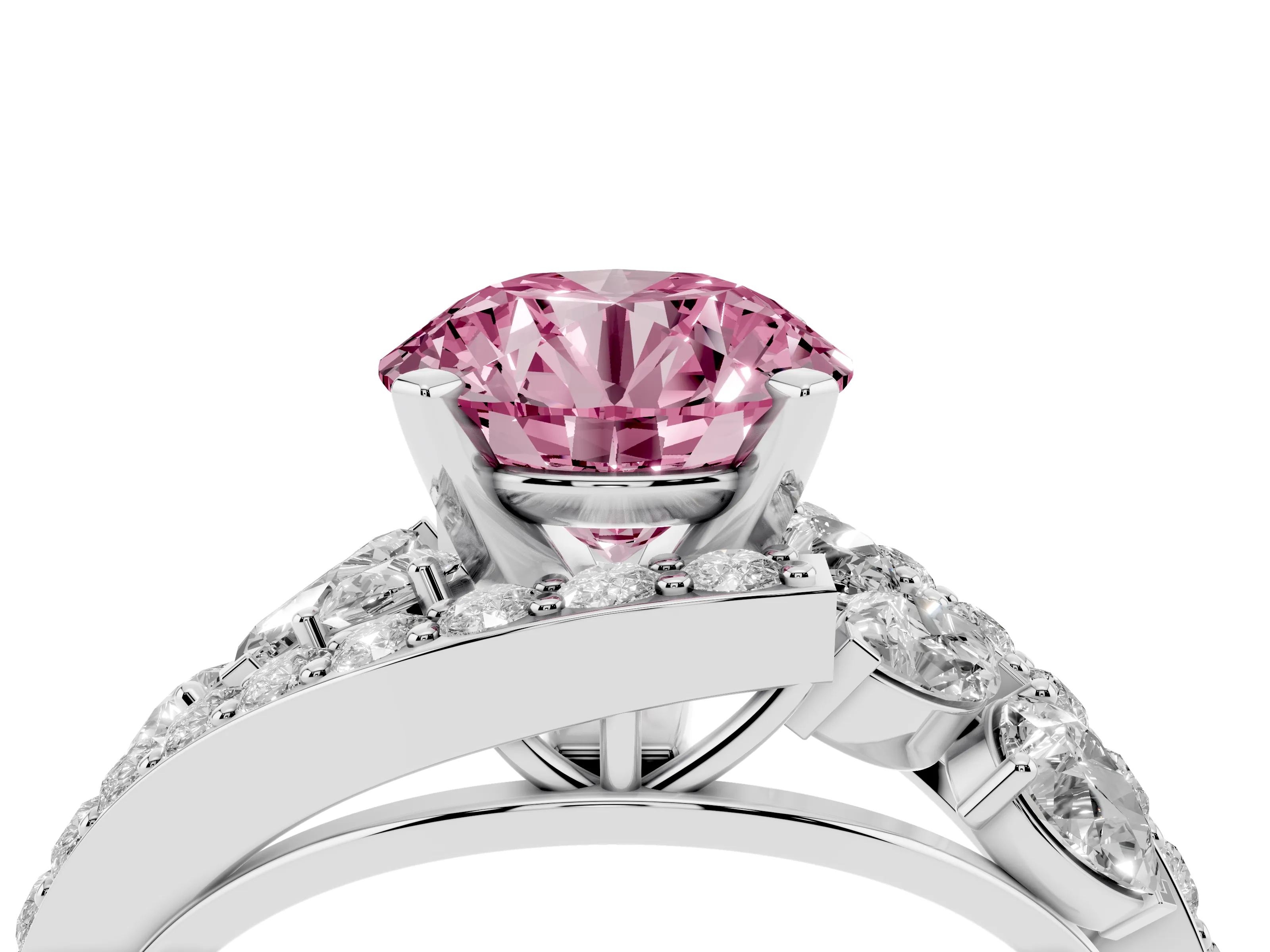 Fancy Pink Round Cut Diamond Halo Ring Set in Silver with Marquise and Pavé Band in Prong Setting