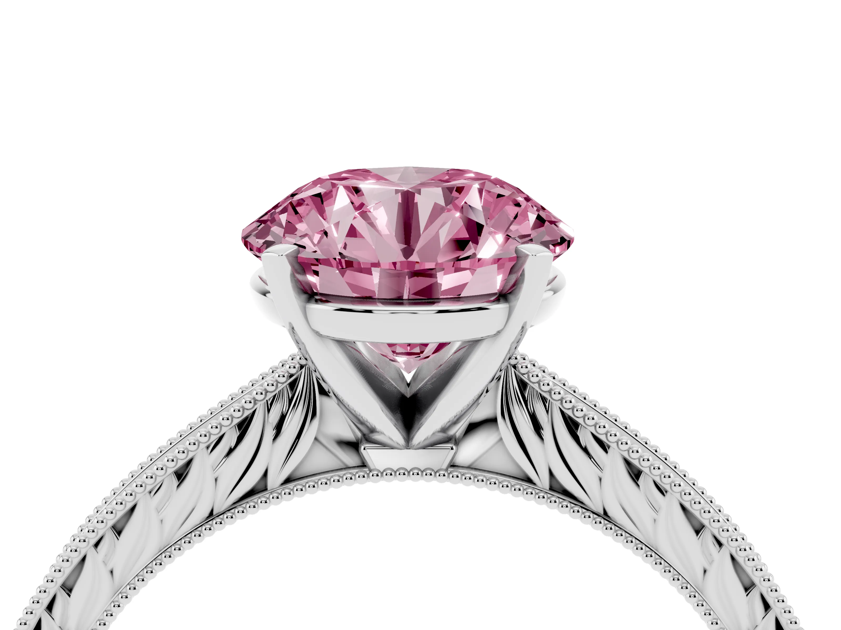 Fancy Pink Round Cut Diamond Solitaire Milgrain Engraved Band Set in Platinum with Prong Setting